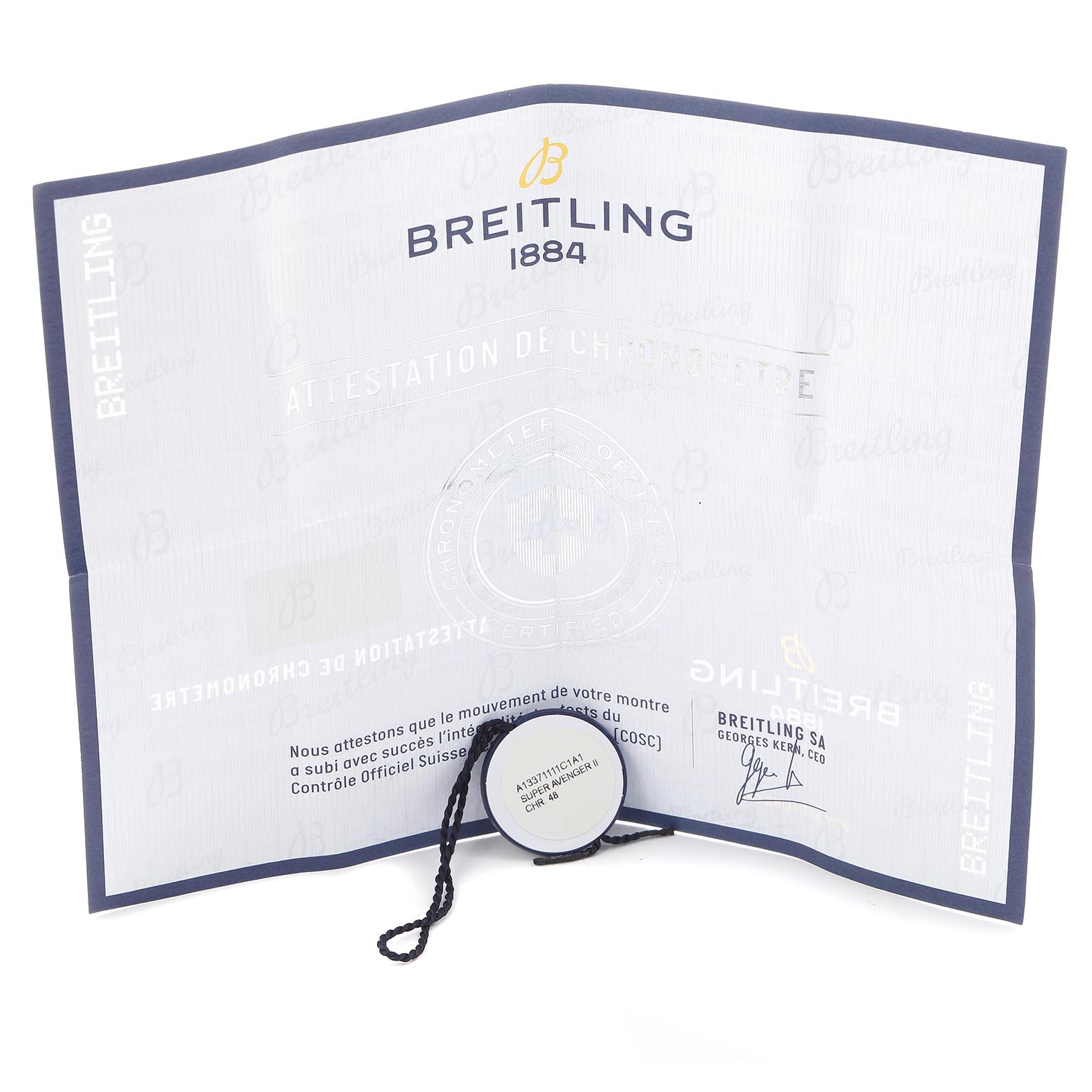 The image shows a certificate and tag for the Breitling Avenger A13371 Men's Stainless Steel Blue Dial A13371 Men's Stainless Steel Blue Dial watch, displaying the brand and authenticity.