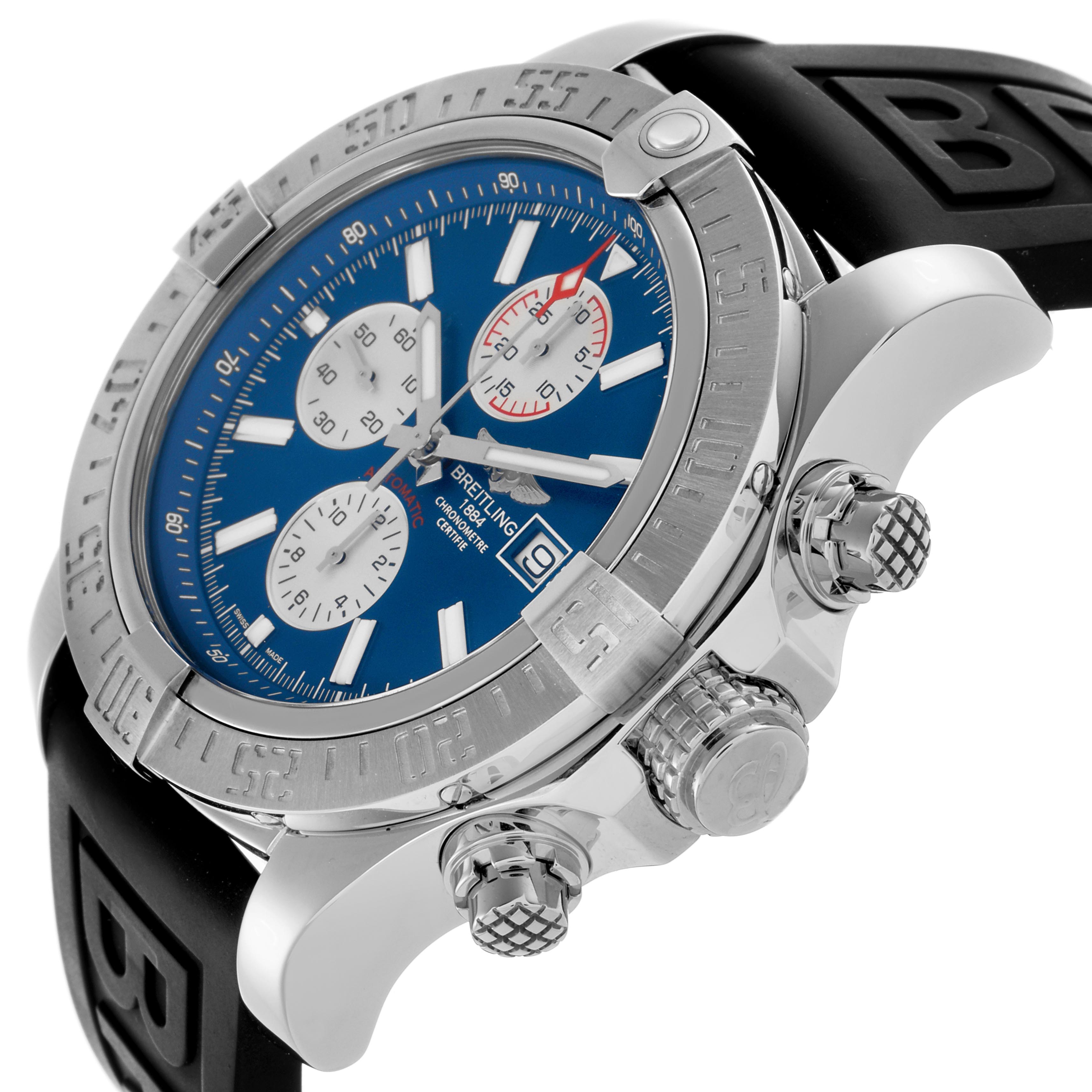 The Breitling Avenger A13371 Men's Stainless Steel Blue Dial A13371 Men's Stainless Steel Blue Dial watch is shown at an angled view focusing on the dial, crown, pushers, and part of the strap.