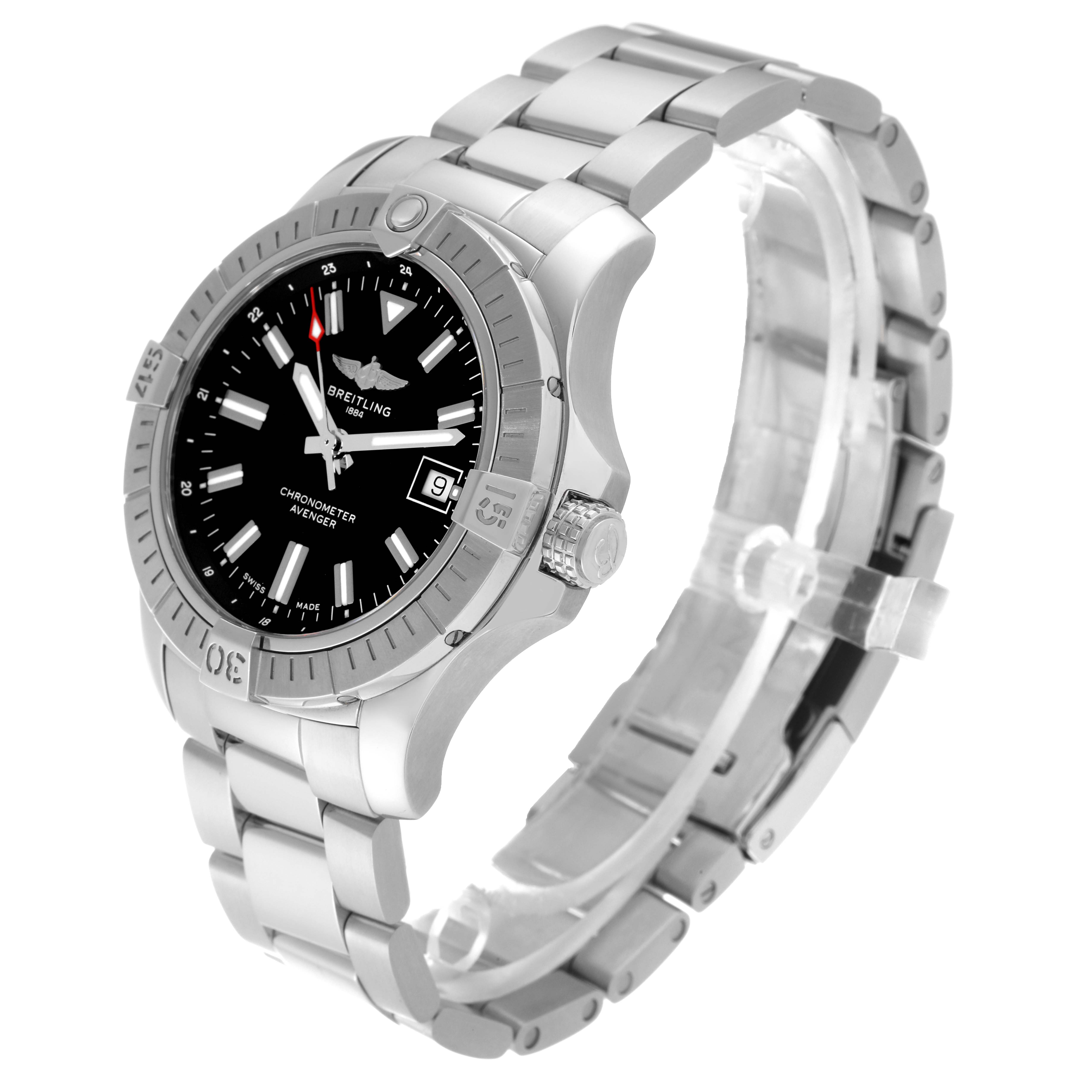The Breitling Avenger A17318 Men's Stainless Steel Black Dial A17318 Men's Stainless Steel Black Dial watch is shown at a three-quarter angle, highlighting the dial, bezel, crown, and bracelet.