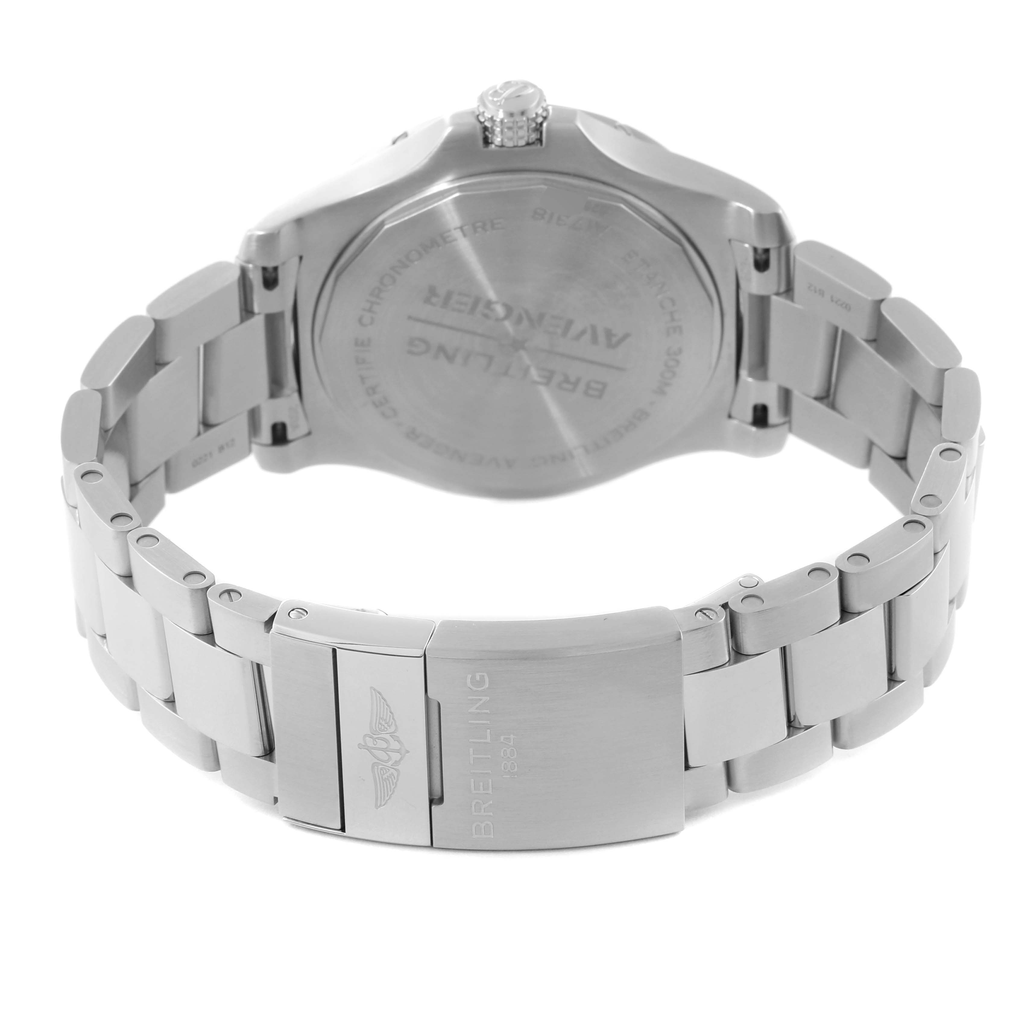 The image shows a rear view of the Breitling Avenger A17318 Men's Stainless Steel Black Dial A17318 Men's Stainless Steel Black Dial watch, highlighting the case back, crown, and stainless steel bracelet clasp.