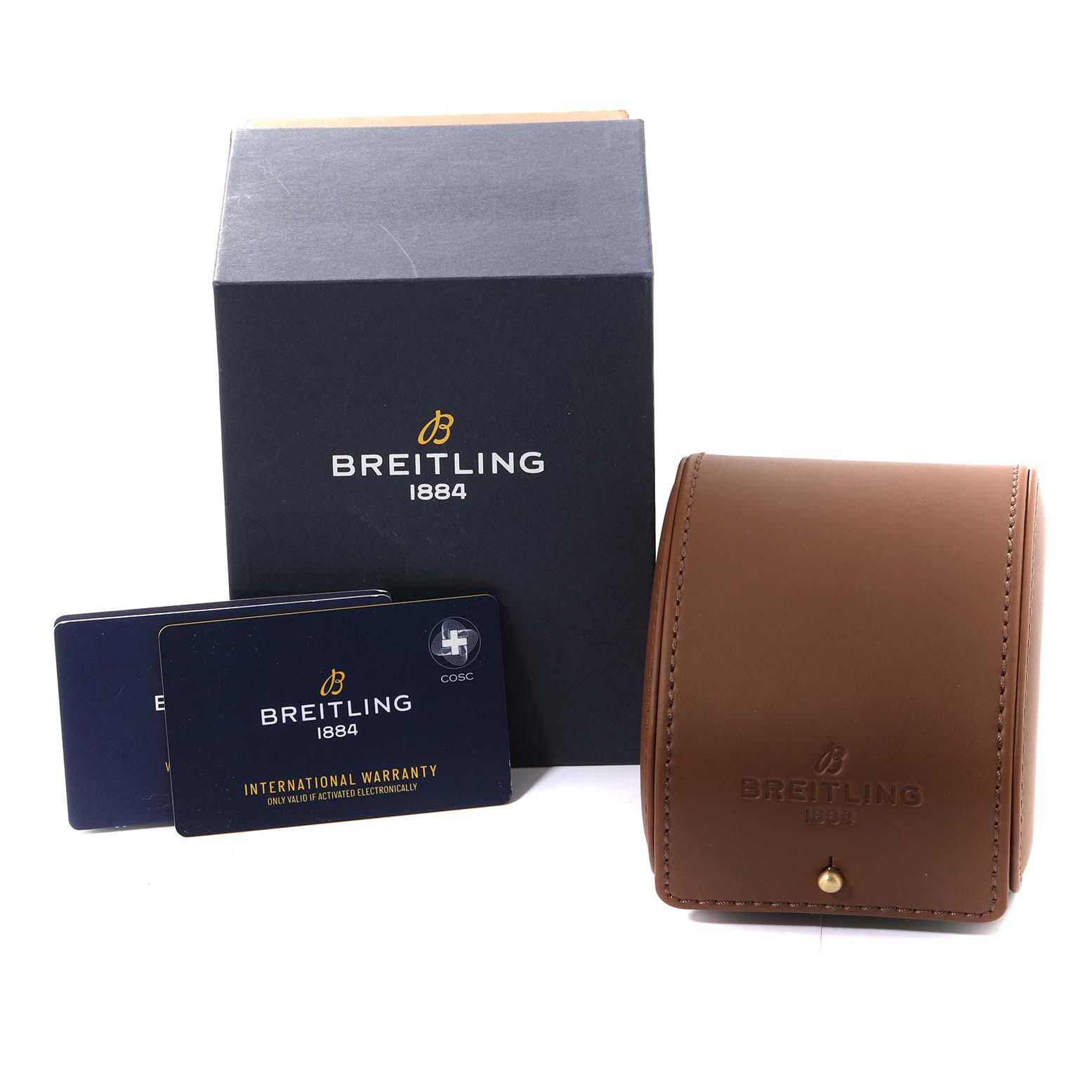 The image shows the packaging, warranty cards, and a leather watch case for the Breitling Avenger A17318 Men's Stainless Steel Black Dial A17318 Men's Stainless Steel Black Dial model.