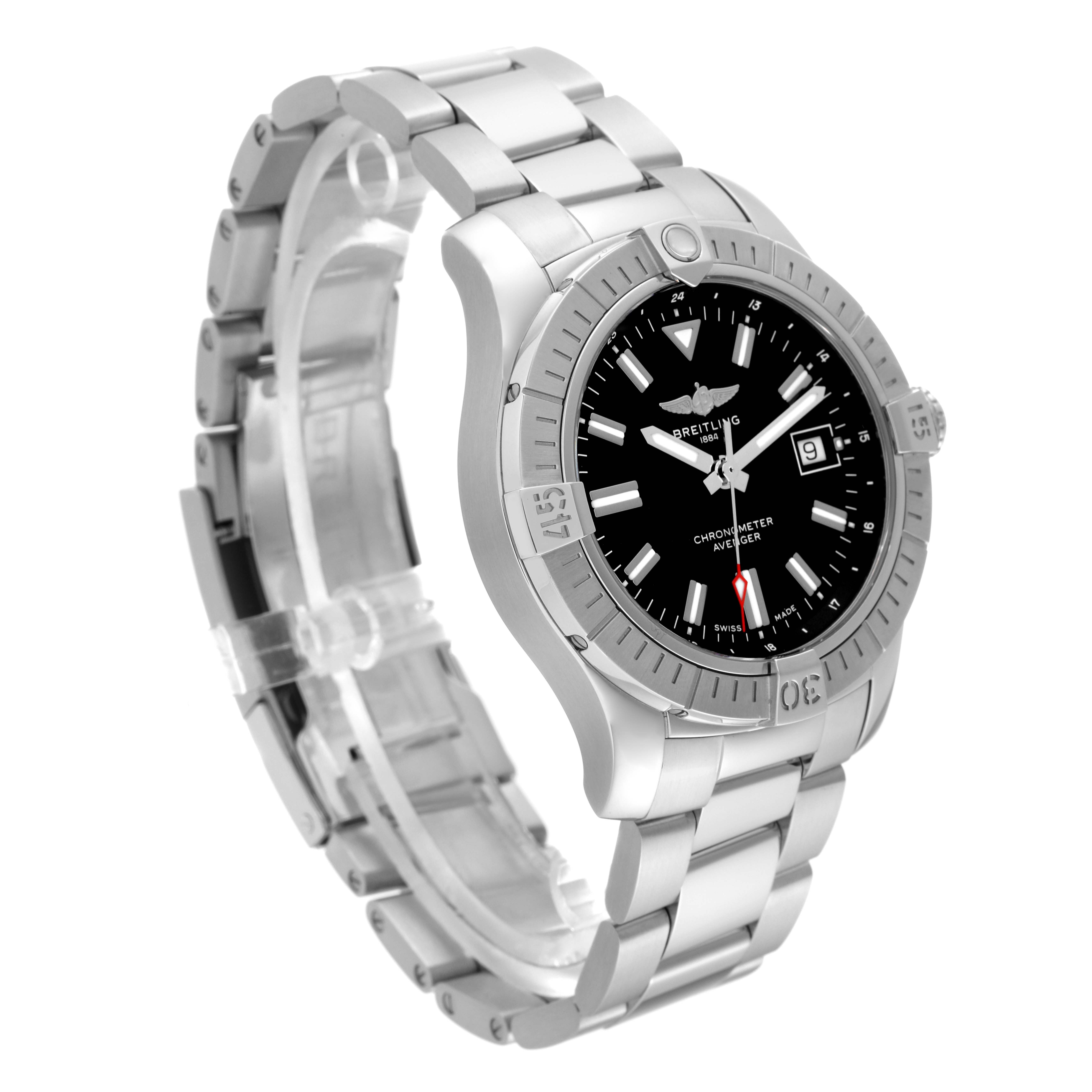The Breitling Avenger A17318 Men's Stainless Steel Black Dial A17318 Men's Stainless Steel Black Dial watch is shown at an angle, highlighting its stainless steel band, bezel, and black dial with date display.