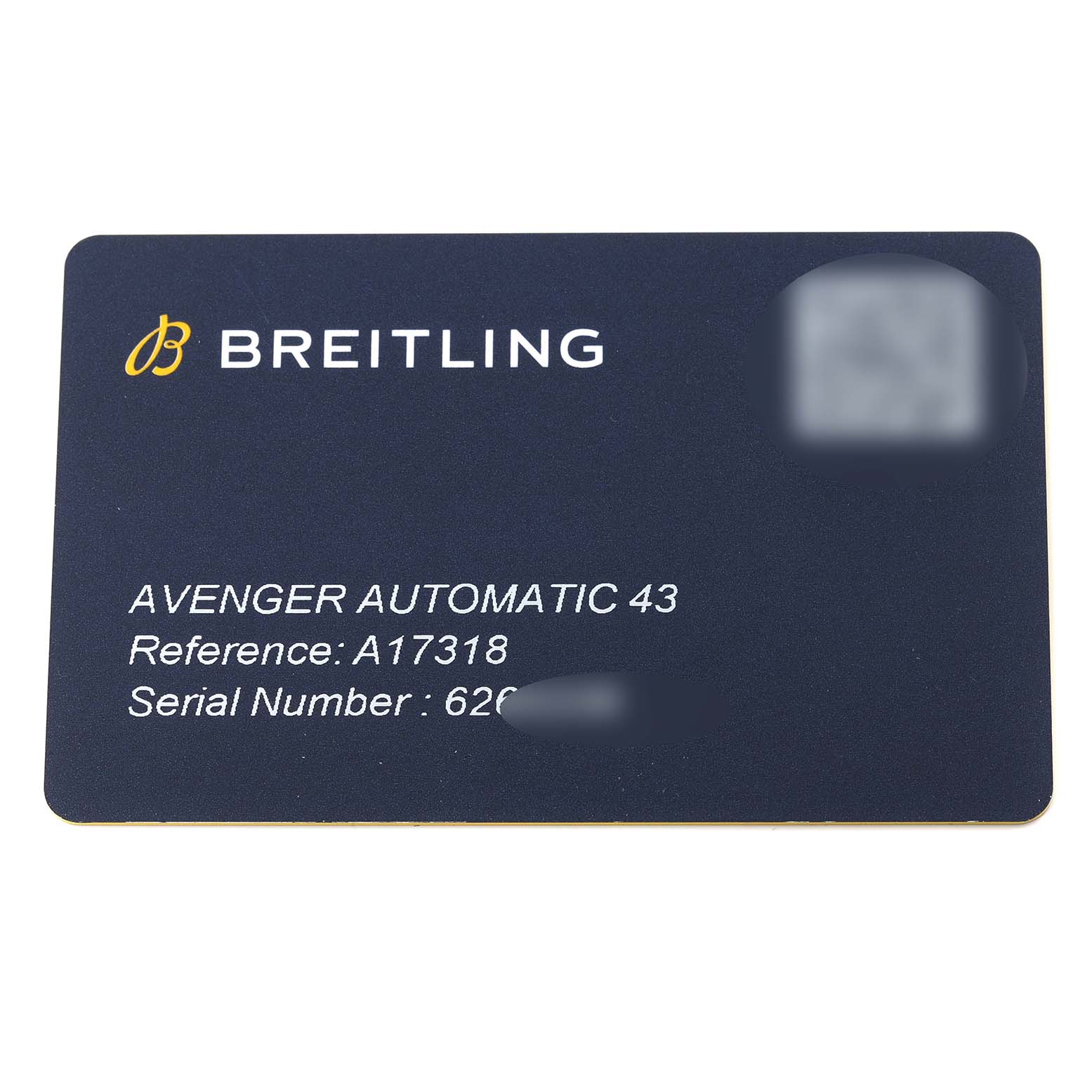 The image shows a Breitling warranty card for the Avenger Automatic 43 watch, including the model reference and serial number.