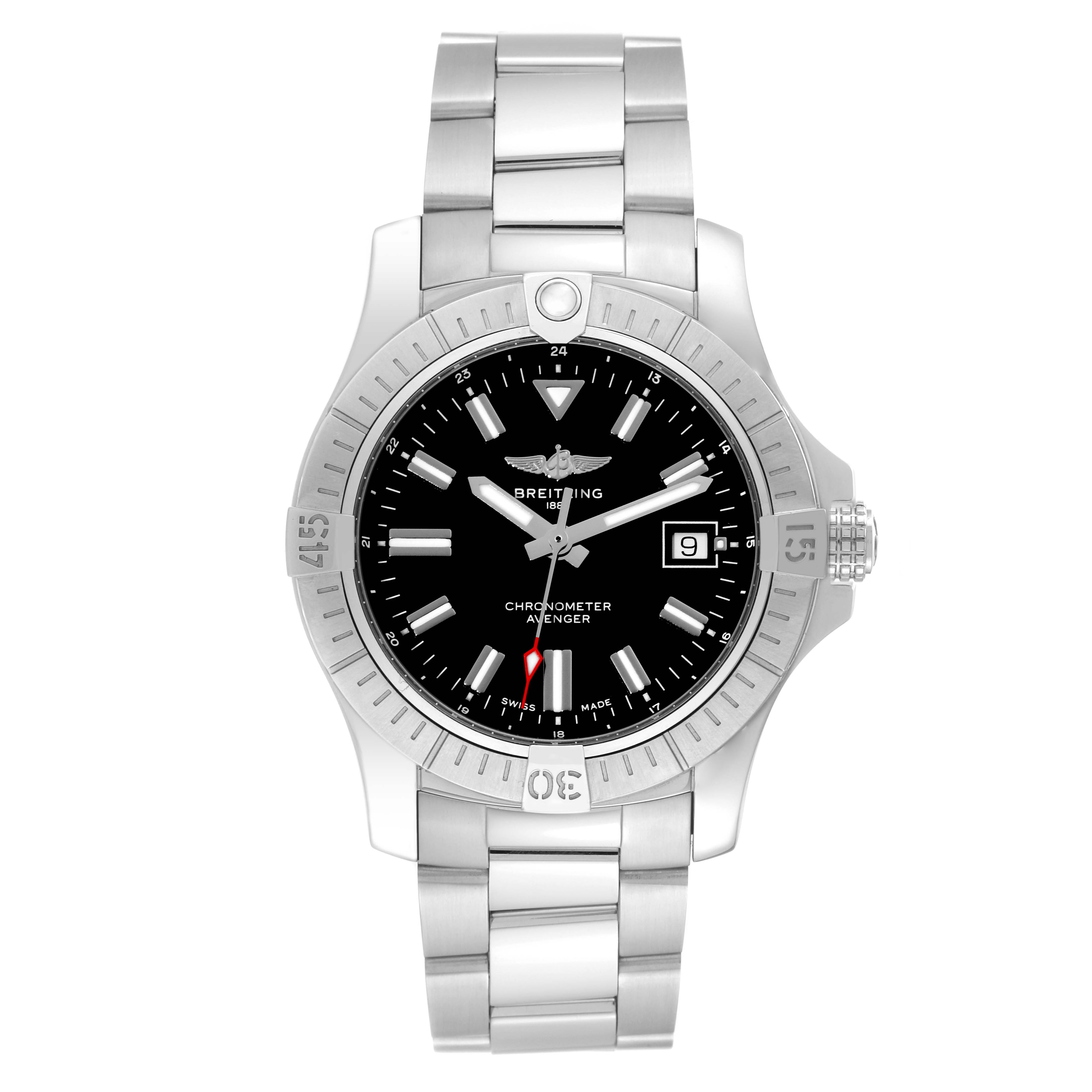 The image shows a Breitling Avenger A17318 Men's Stainless Steel Black Dial A17318 Men's Stainless Steel Black Dial watch from a top-down angle, displaying the dial, bezel, hands, bracelet, and date window.