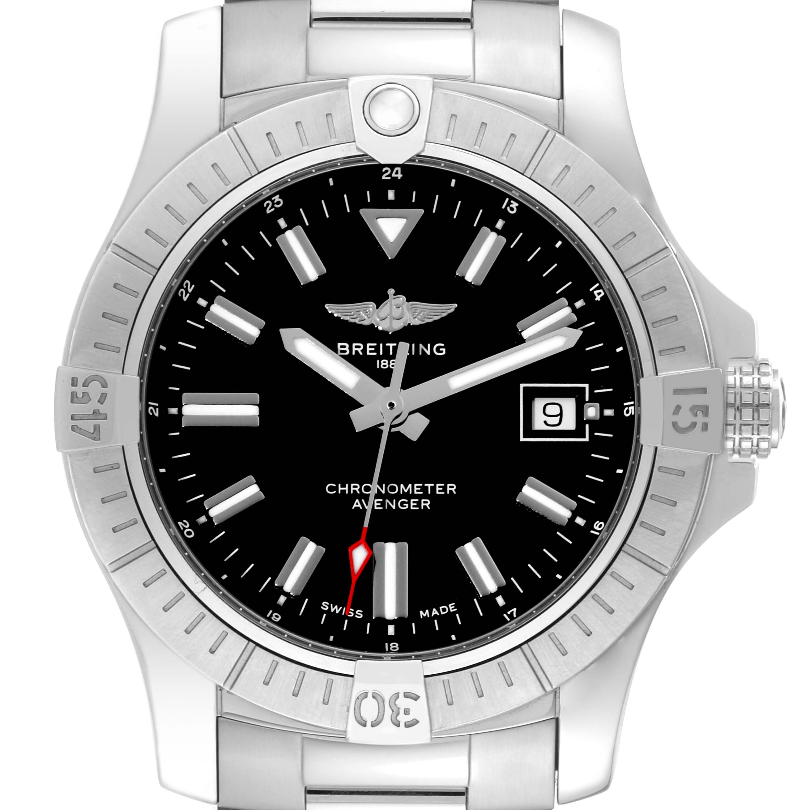 The image shows a frontal view of the Breitling Avenger A17318 Men's Stainless Steel Black Dial A17318 Men's Stainless Steel Black Dial watch, highlighting the dial, bezel, and part of the bracelet.