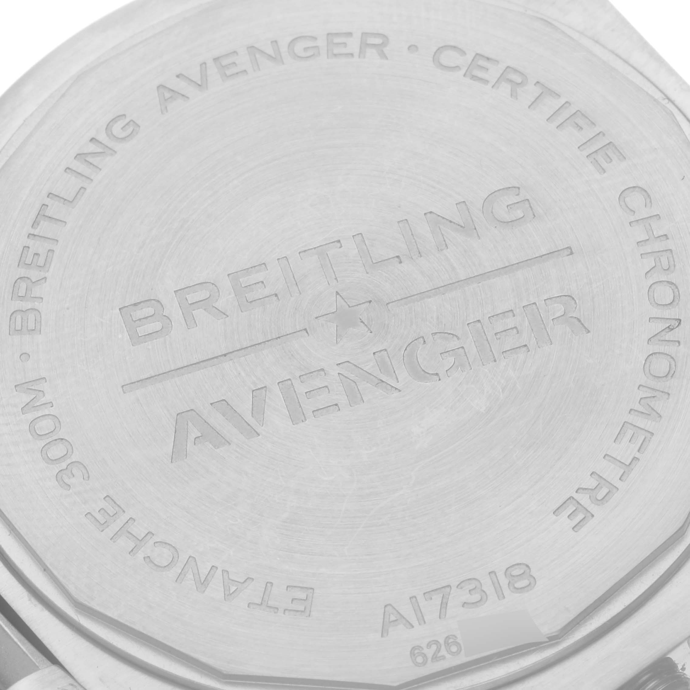 The image shows the back case of the Breitling Avenger A17318 Men's Stainless Steel Black Dial A17318 Men's Stainless Steel Black Dial watch, highlighting its engravings and model details.