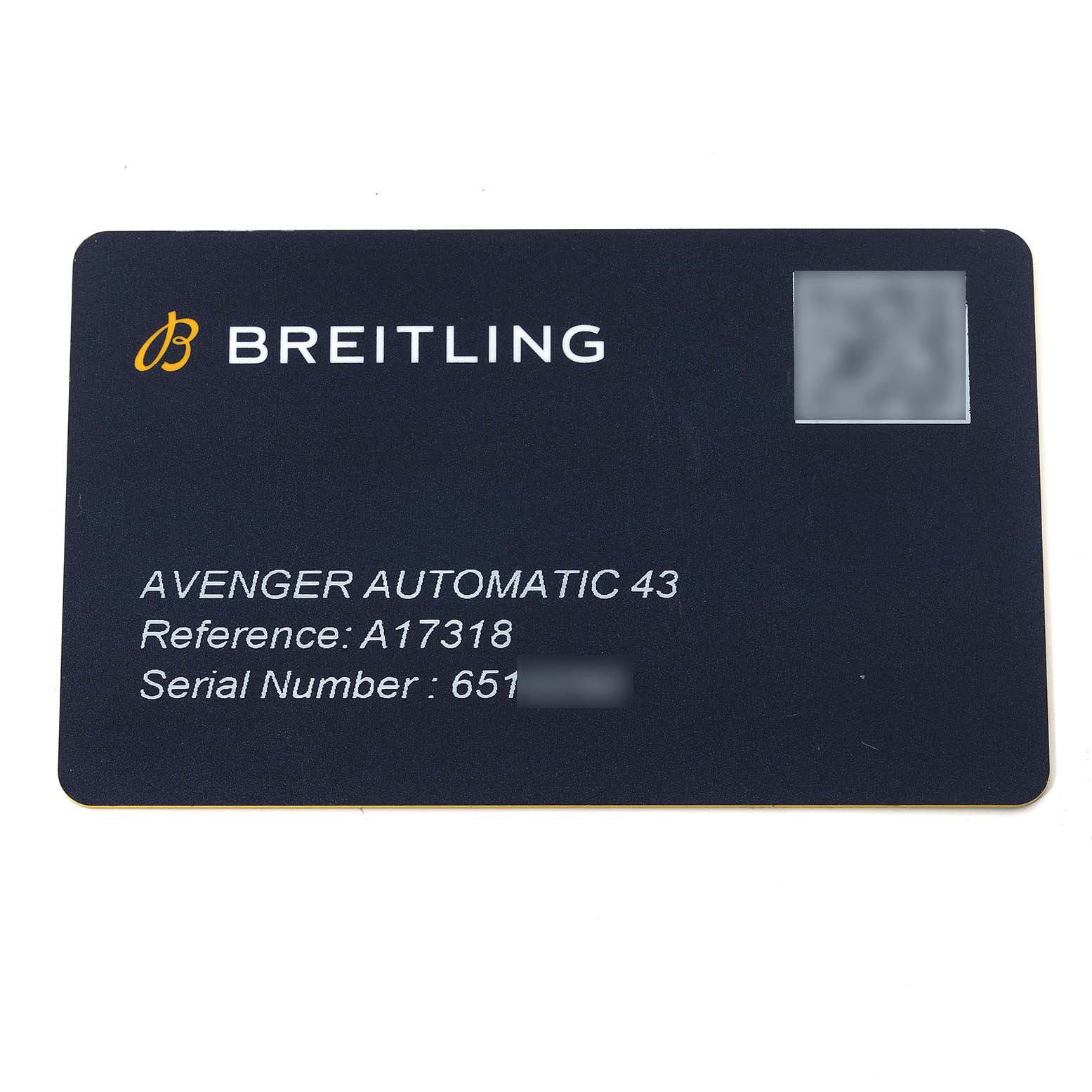 This image shows a warranty card for a Breitling Avenger A17318 Men's Stainless Steel Black Dial A17318 Men's Stainless Steel Black Dial Automatic 43 watch, displaying the reference and serial numbers.