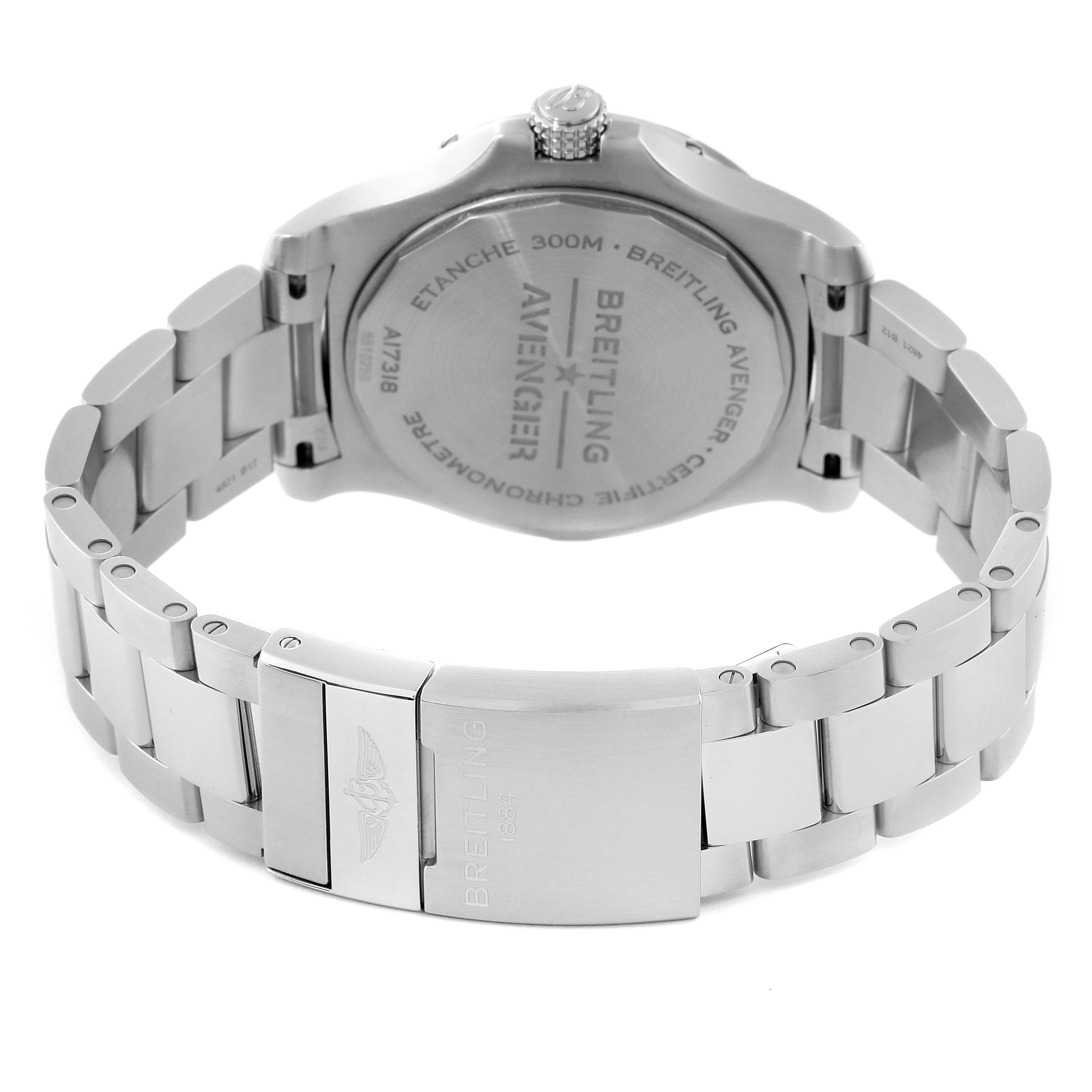 The image shows the back case and bracelet of a Breitling Avenger A17318 Men's Stainless Steel Black Dial A17318 Men's Stainless Steel Black Dial watch, viewed from the rear.