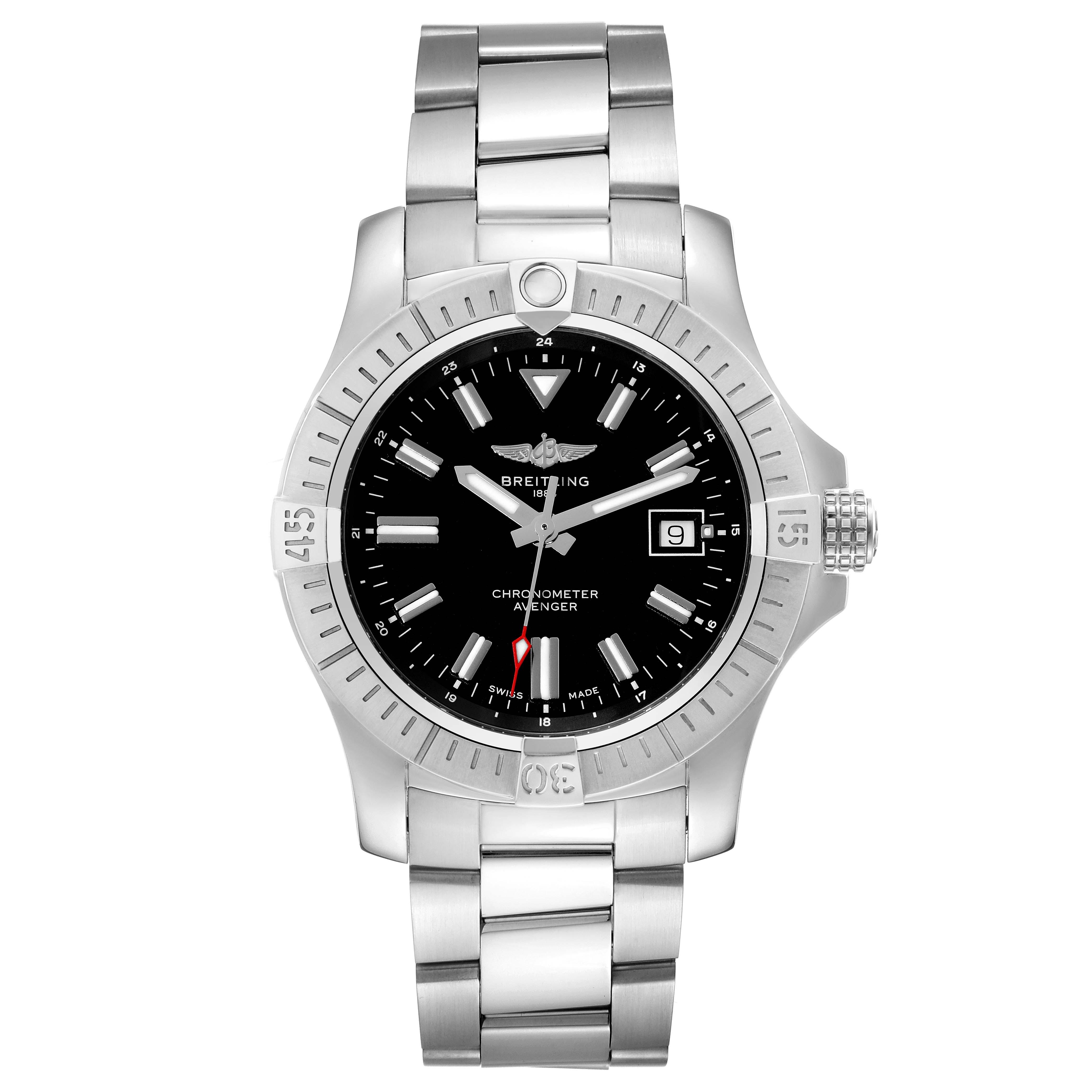 This Breitling Avenger A17318 Men's Stainless Steel Black Dial A17318 Men's Stainless Steel Black Dial watch is shown from a top-down angle, displaying the face, bezel, and part of the bracelet.