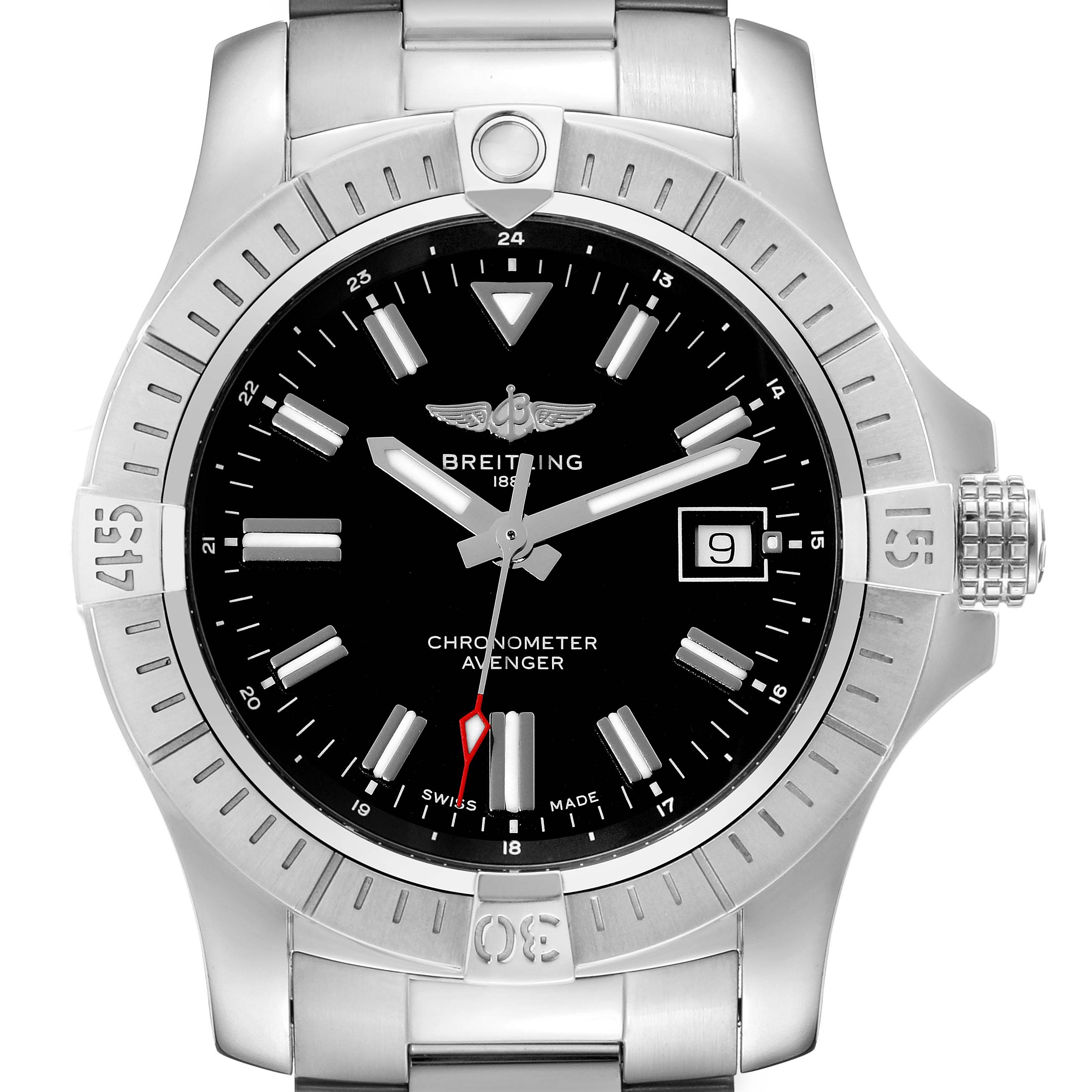 This is a front view of a Breitling Avenger A17318 Men's Stainless Steel Black Dial A17318 Men's Stainless Steel Black Dial watch, showcasing the black dial, silver hands, date window, and metal bracelet.