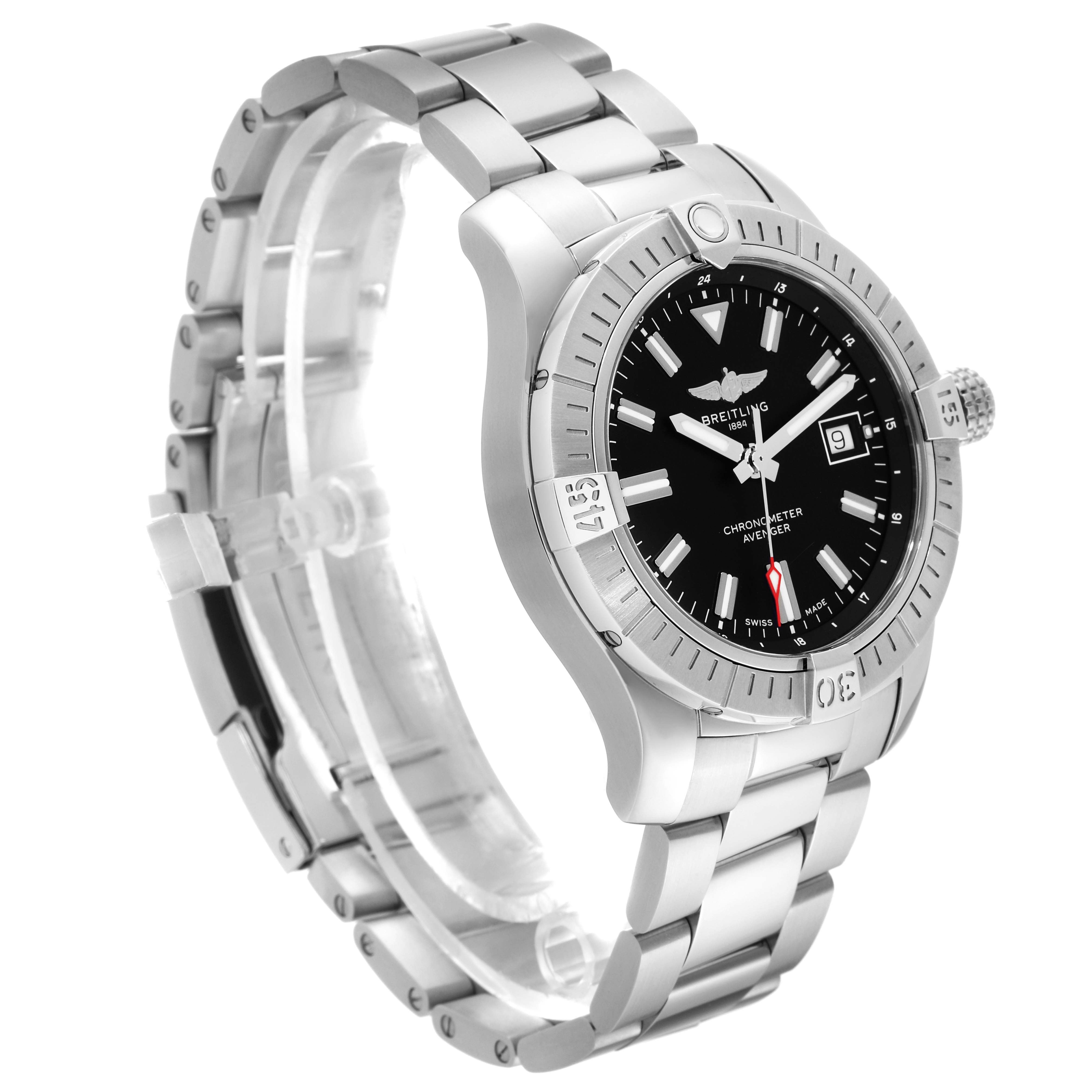 The image shows a Breitling Avenger A17318 Men's Stainless Steel Black Dial A17318 Men's Stainless Steel Black Dial watch at a three-quarter angle, highlighting its face, bezel, crown, and metal bracelet.