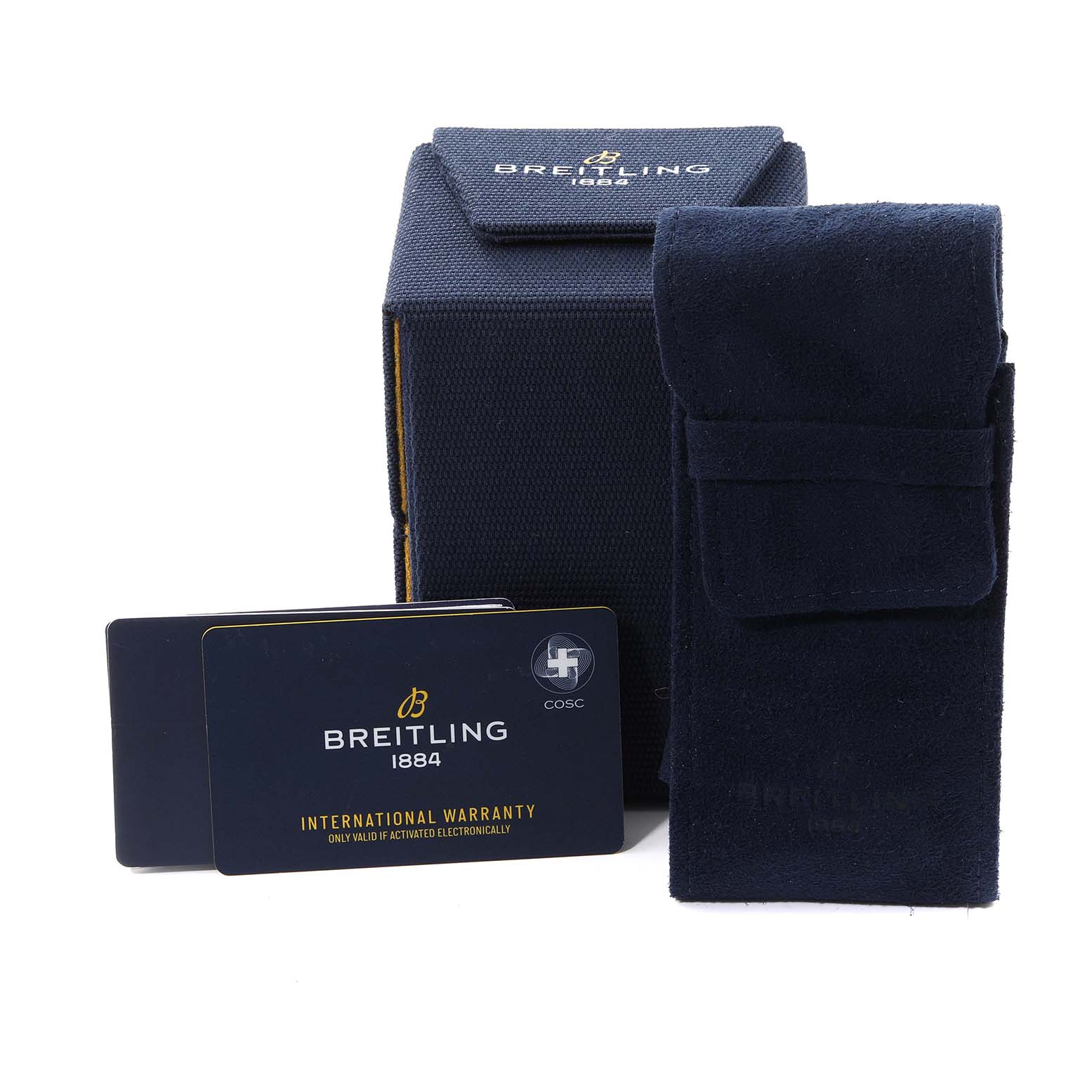 The image shows the packaging and accessories for a Breitling Avenger A17318 Men's Stainless Steel Black Dial A17318 Men's Stainless Steel Black Dial watch, including a box, a card, and a pouch from a front angle.