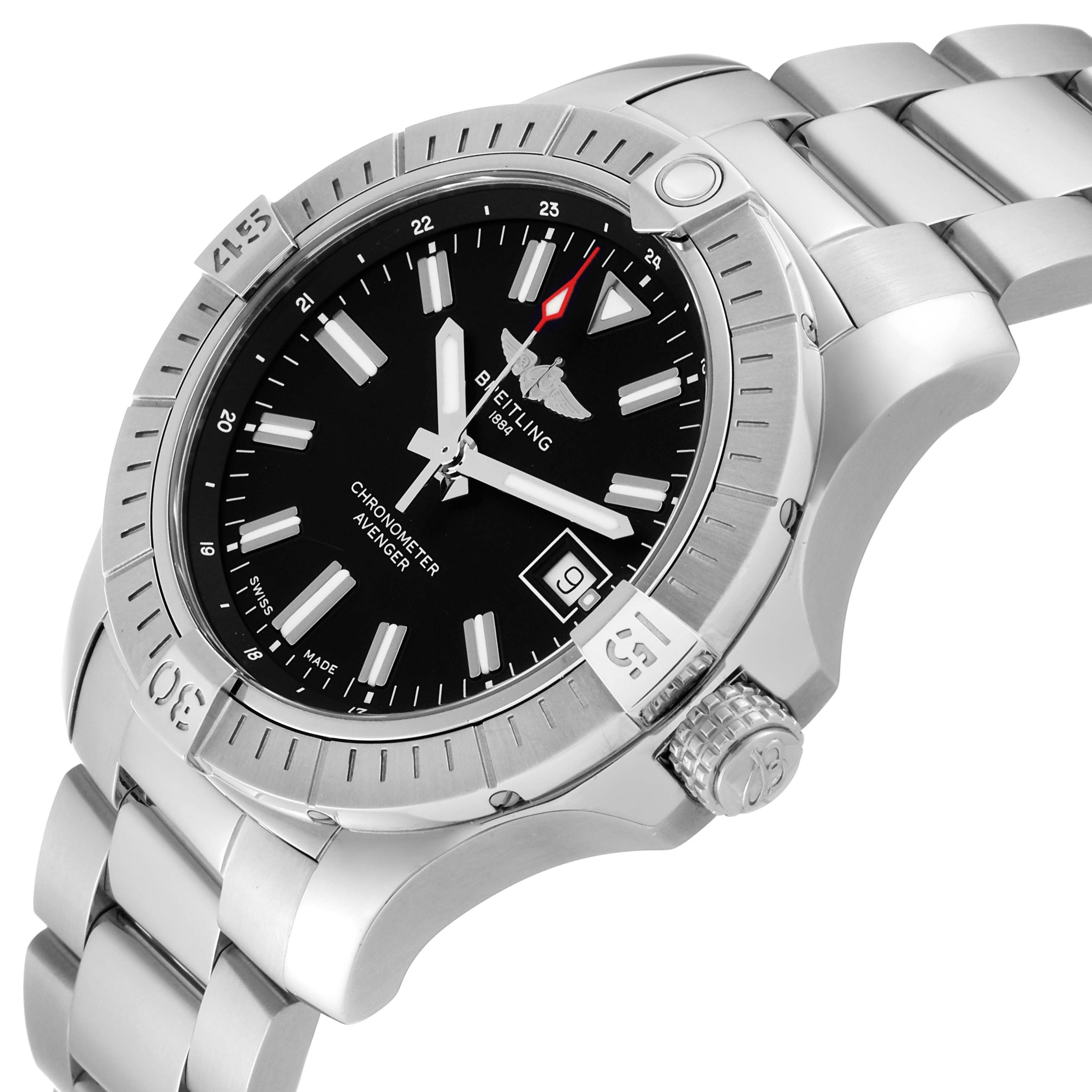 The image shows the Breitling Avenger A17318 Men's Stainless Steel Black Dial A17318 Men's Stainless Steel Black Dial watch at an oblique angle, highlighting its bezel, dial, crown, and metal bracelet.