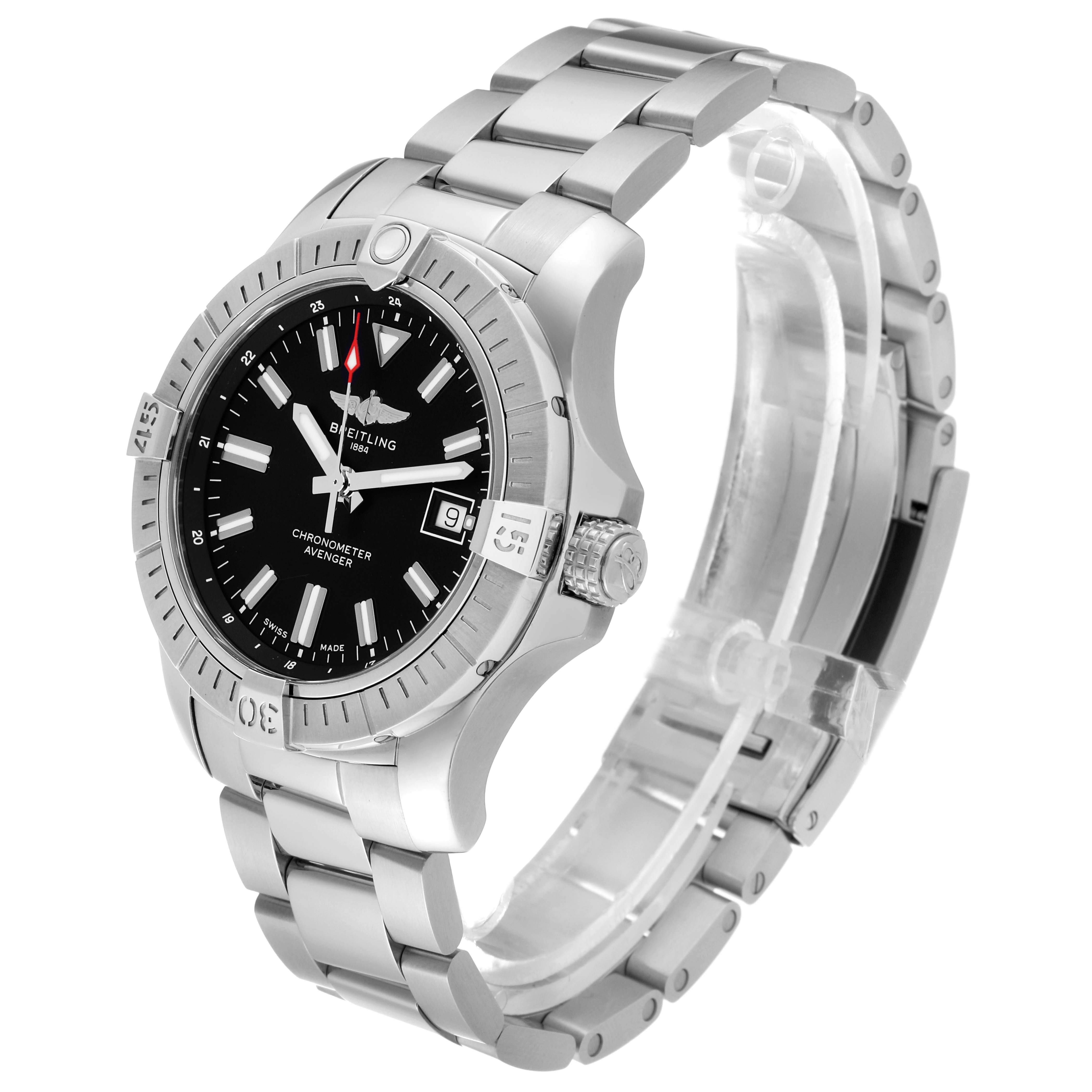 The image shows a side and front angle of a Breitling Avenger A17318 Men's Stainless Steel Black Dial A17318 Men's Stainless Steel Black Dial watch, highlighting the bezel, dial, bracelet, and clasp.