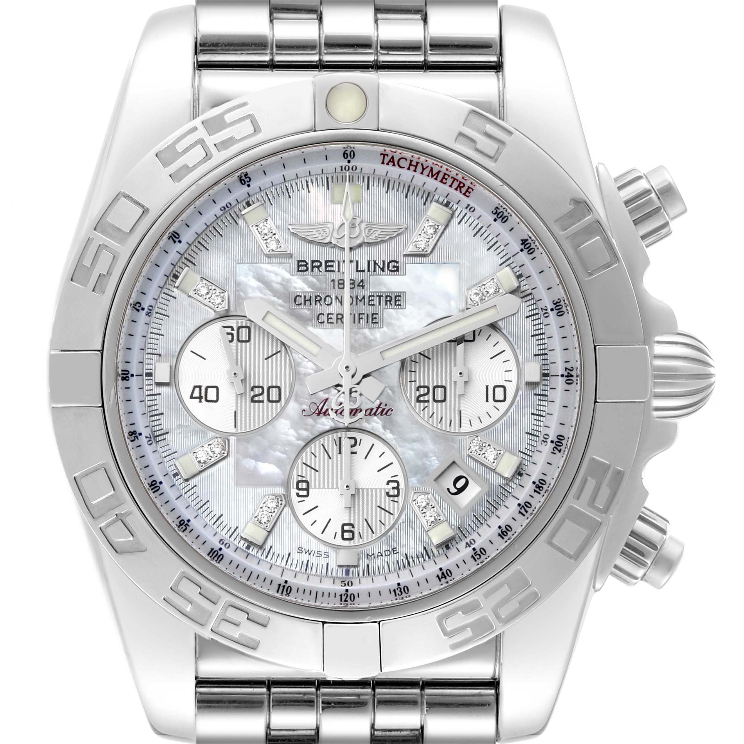 The image shows a front view of a Breitling Chronomat AB011012 Men's Stainless Steel Mother of Pearl Dial AB011012 Men's Stainless Steel Mother of Pearl Dial watch highlighting its face, bezel, and stainless steel bracelet.