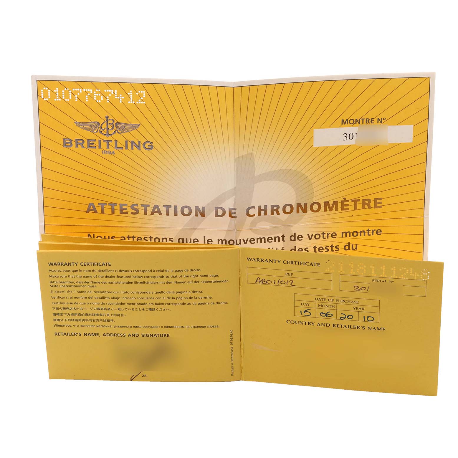 The image shows the warranty certificate and chronometer attestation for a Breitling Chronomat AB011012 Men's Stainless Steel Mother of Pearl Dial AB011012 Men's Stainless Steel Mother of Pearl Dial watch, viewed from the front.