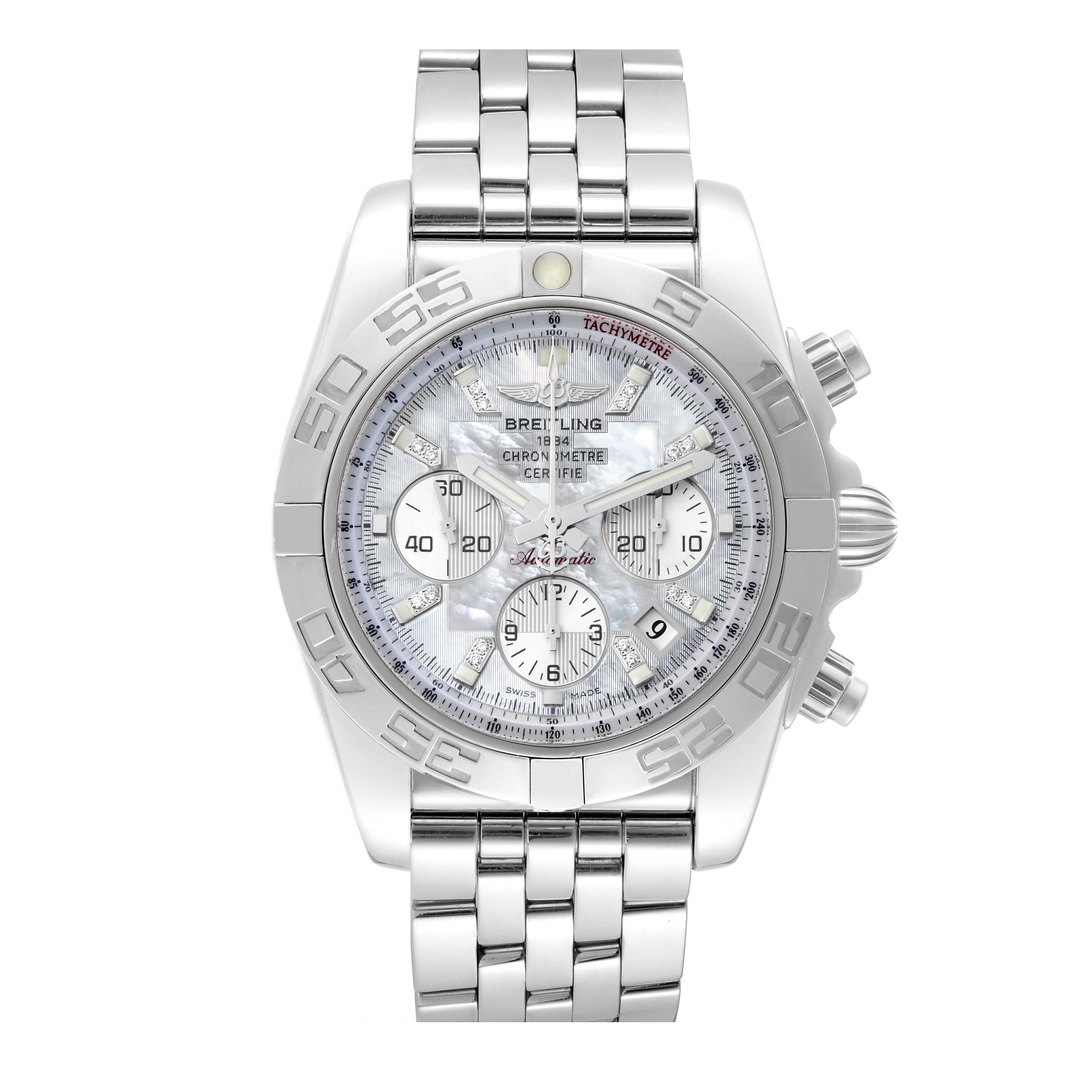 The image shows a front-facing view of the Breitling Chronomat AB011012 Men's Stainless Steel Mother of Pearl Dial AB011012 Men's Stainless Steel Mother of Pearl Dial watch, displaying its face, bezel, bracelet, and crown/pushers.