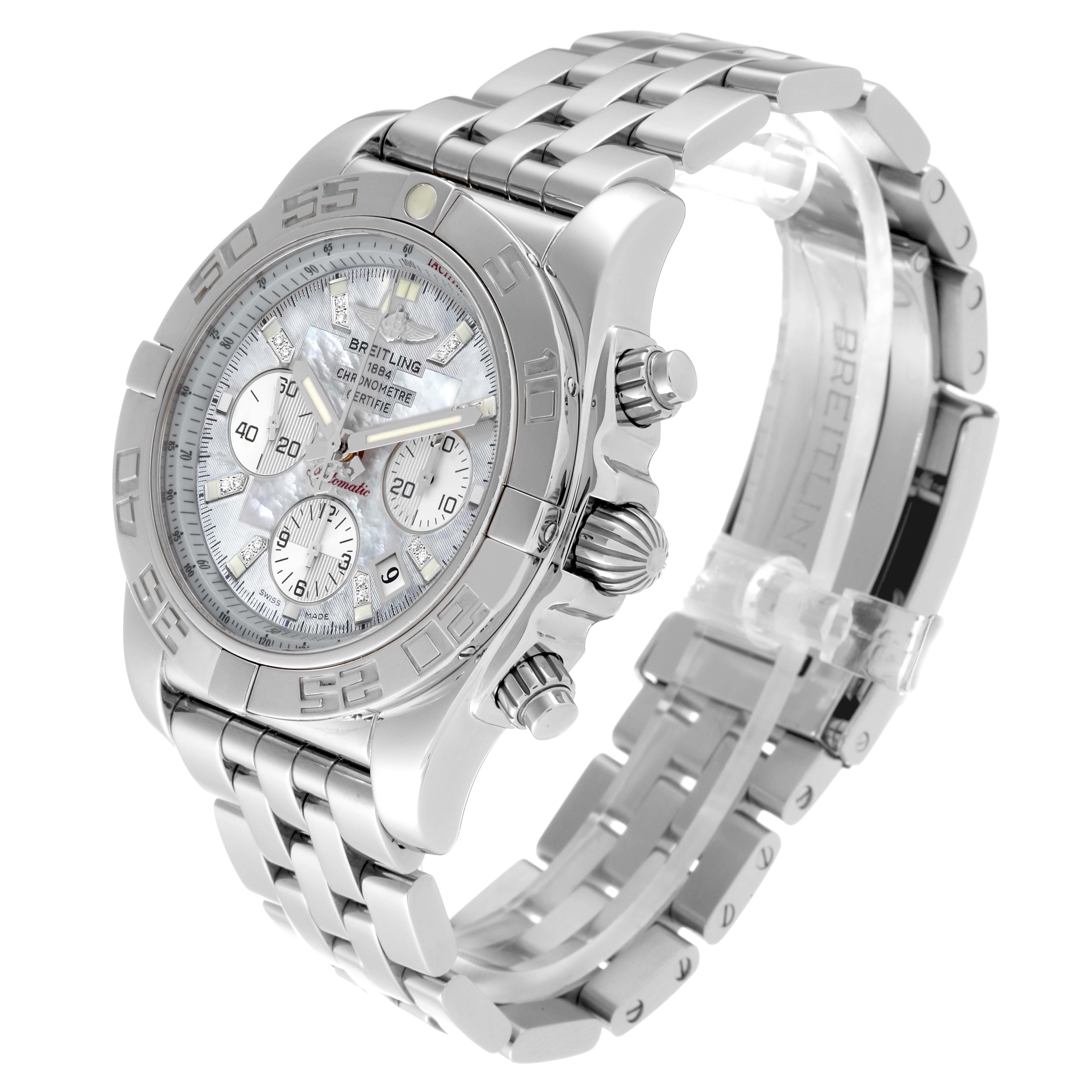 The image shows a Breitling Chronomat AB011012 Men's Stainless Steel Mother of Pearl Dial AB011012 Men's Stainless Steel Mother of Pearl Dial watch from a three-quarter angle, displaying the face, bezel, and metal band.