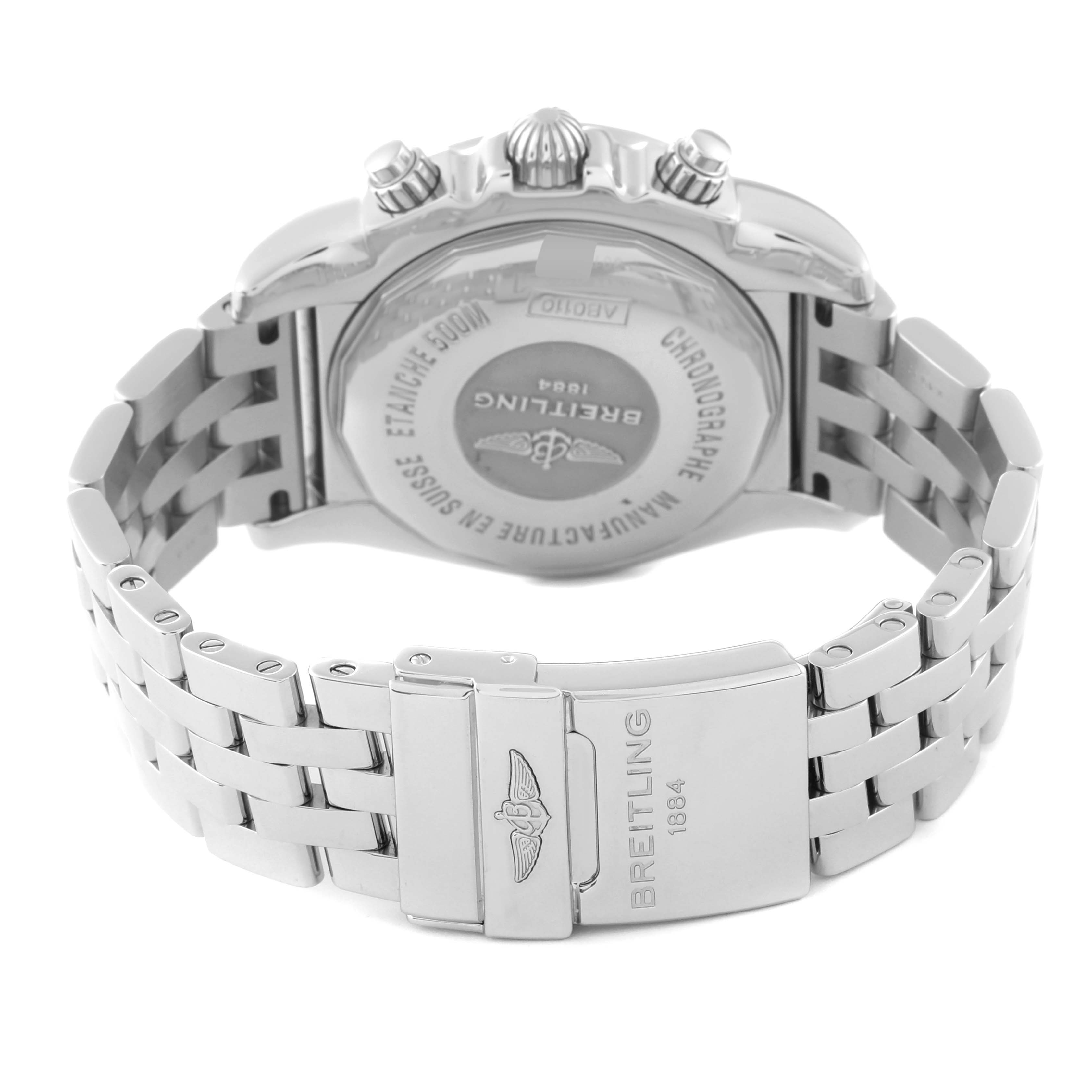 The image shows the back view and clasp of a Breitling Chronomat AB011012 Men's Stainless Steel Mother of Pearl Dial AB011012 Men's Stainless Steel Mother of Pearl Dial watch, highlighting the case back and stainless steel bracelet.