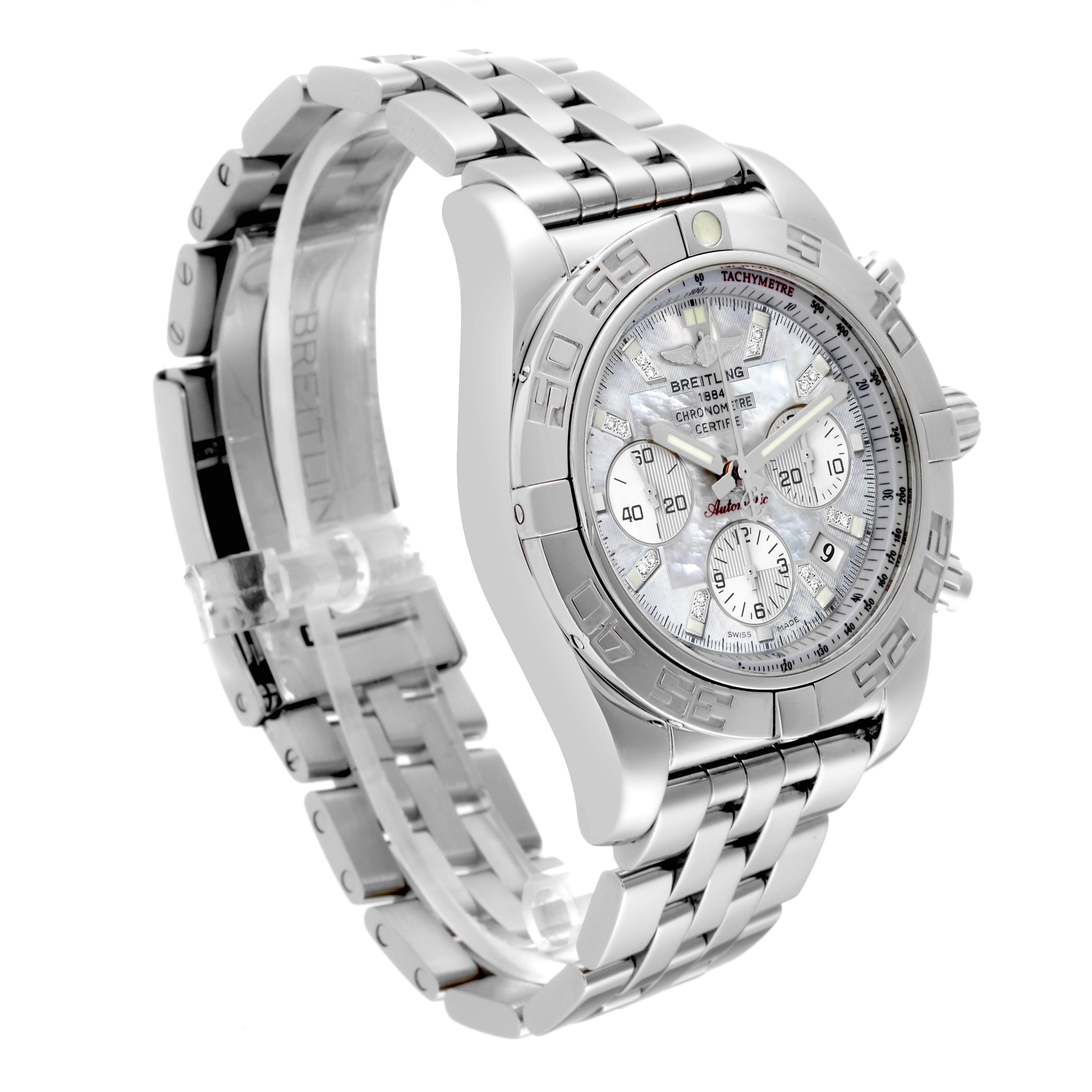 This image shows a Breitling Chronomat AB011012 Men's Stainless Steel Mother of Pearl Dial AB011012 Men's Stainless Steel Mother of Pearl Dial watch at a three-quarter angle, highlighting its face, bezel, and metal bracelet.