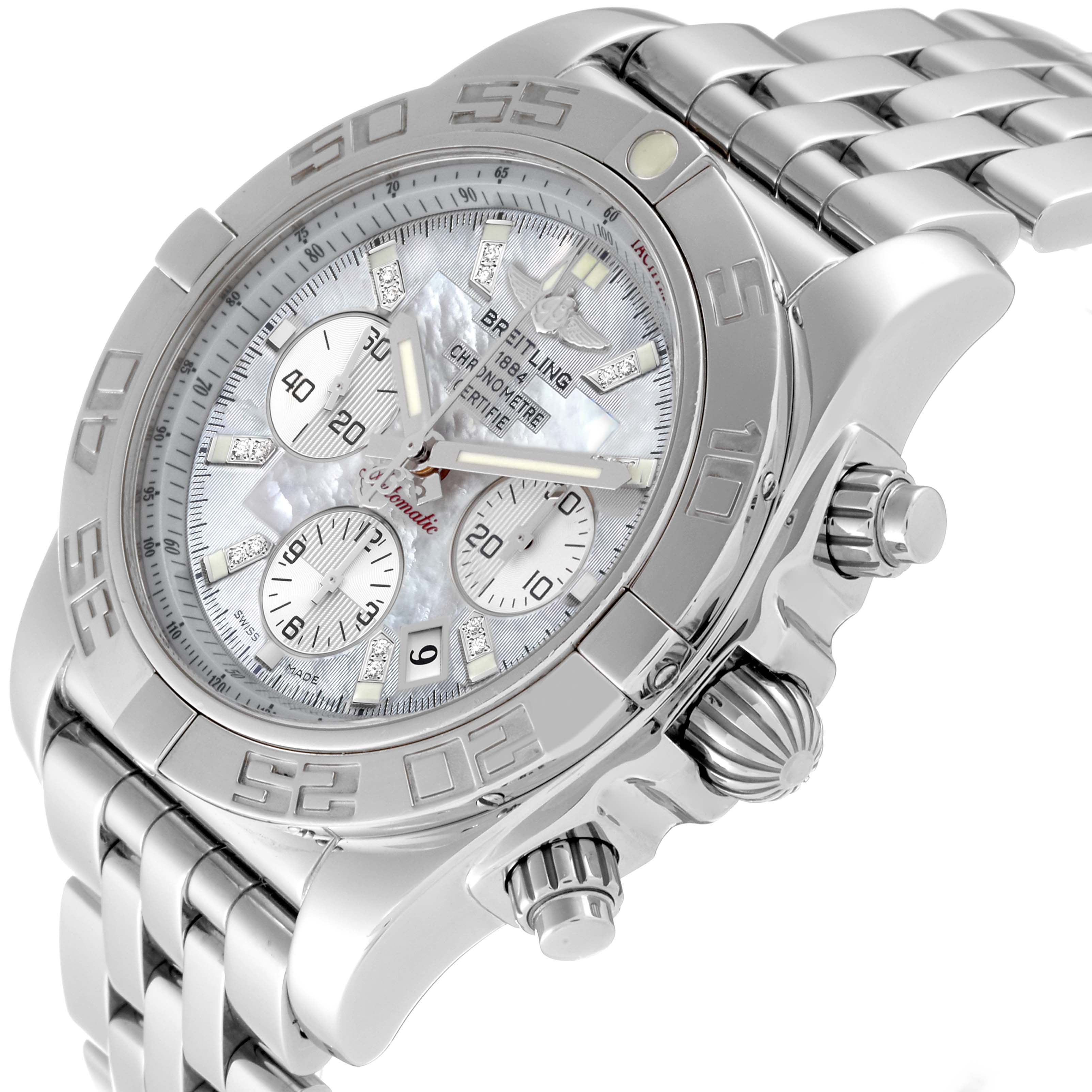 The Breitling Chronomat AB011012 Men's Stainless Steel Mother of Pearl Dial AB011012 Men's Stainless Steel Mother of Pearl Dial watch is shown at an angle displaying the face, bezel, buttons, and part of the bracelet.