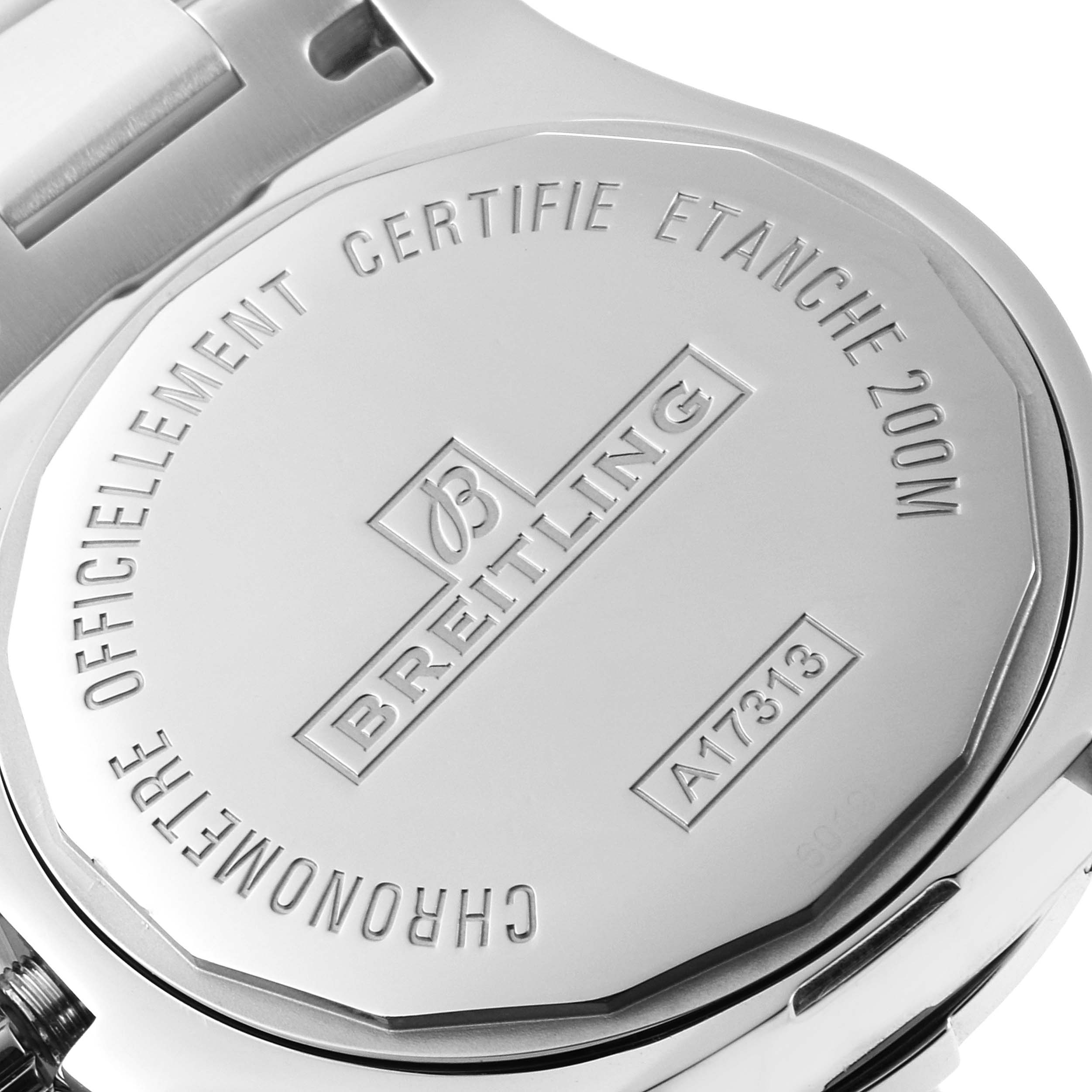 The image shows the back case of a Breitling Colt A17313 Men's Stainless Steel Black Dial A17313 Men's Stainless Steel Black Dial watch, featuring engraving details and the model number.