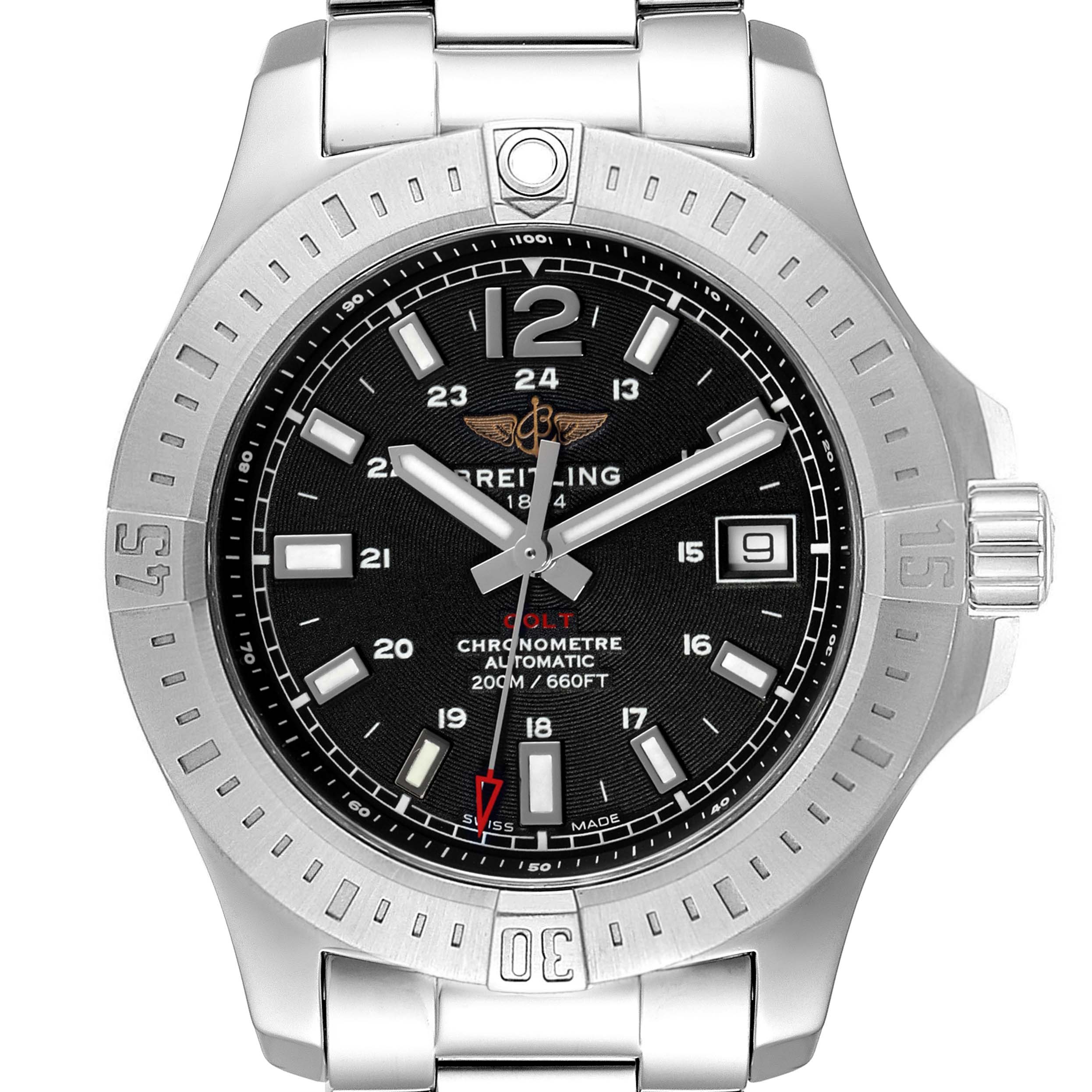 The image shows a front view of the Breitling Colt A17313 Men's Stainless Steel Black Dial A17313 Men's Stainless Steel Black Dial watch, highlighting its dial, bezel, and part of the bracelet.
