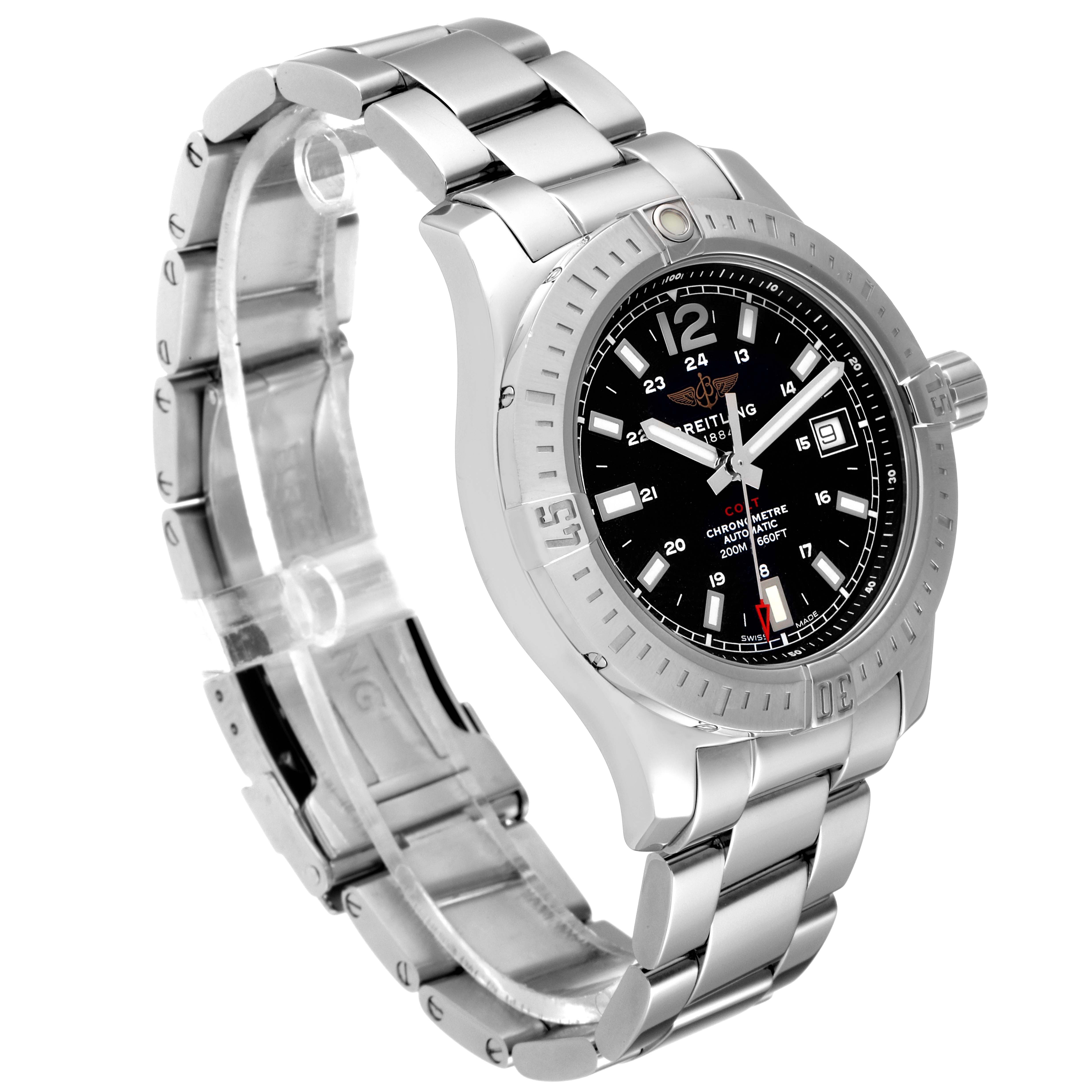 The image shows a Breitling Colt A17313 Men's Stainless Steel Black Dial A17313 Men's Stainless Steel Black Dial model watch at a three-quarter angle, highlighting its face, bezel, and stainless steel bracelet.
