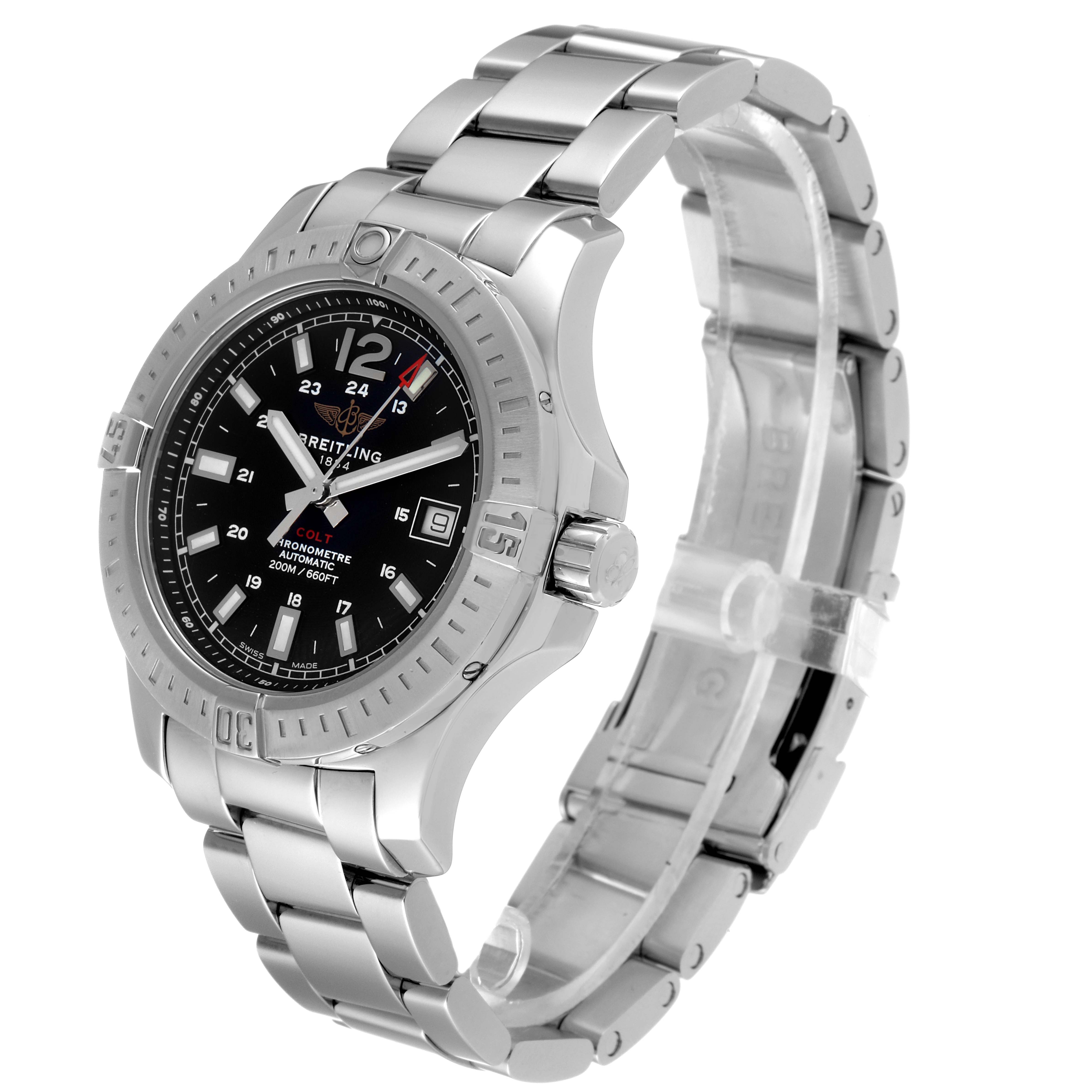 The Breitling Colt A17313 Men's Stainless Steel Black Dial A17313 Men's Stainless Steel Black Dial watch is shown at a three-quarter angle, highlighting its face, bezel, crown, and stainless steel bracelet.