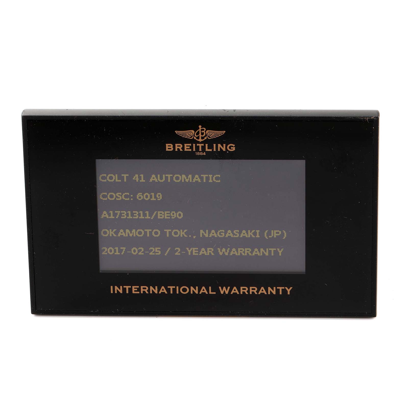 This image shows the international warranty card for the Breitling Colt A17313 Men's Stainless Steel Black Dial A17313 Men's Stainless Steel Black Dial 41 Automatic watch.