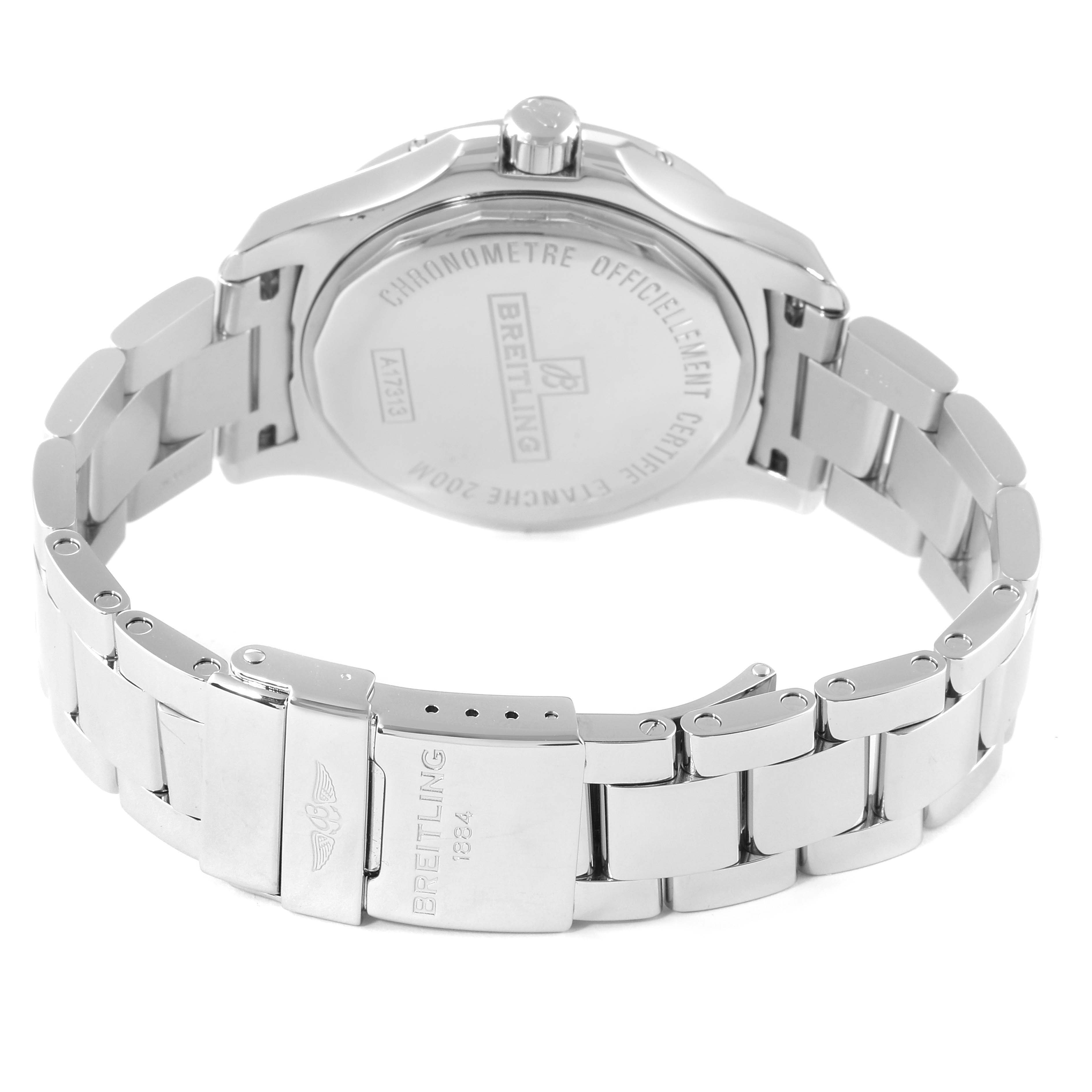 This image shows the back case and metal bracelet of a Breitling Colt A17313 Men's Stainless Steel Black Dial A17313 Men's Stainless Steel Black Dial watch from a rear angle.