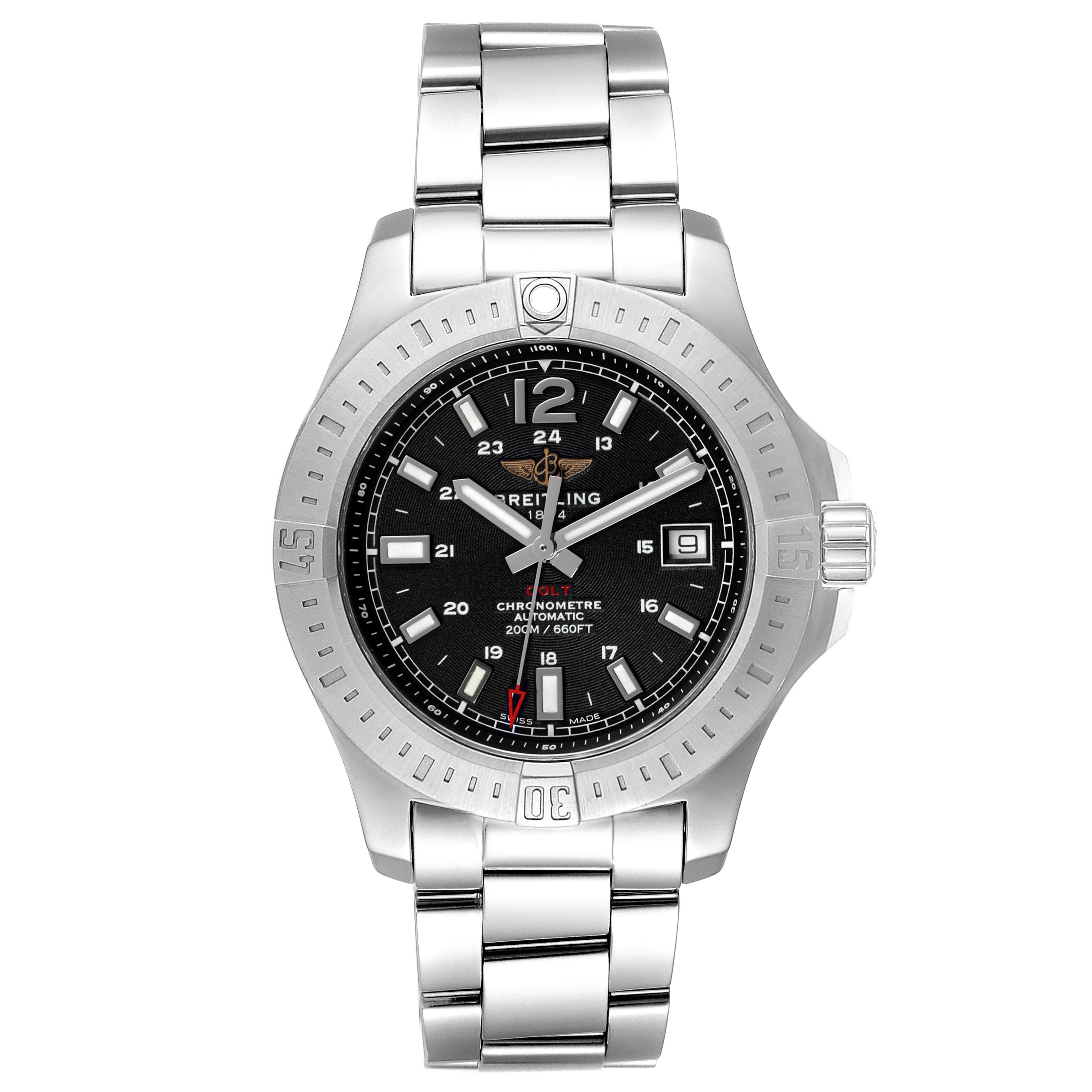This Breitling Colt A17313 Men's Stainless Steel Black Dial A17313 Men's Stainless Steel Black Dial watch is shown from the front, featuring the face, bezel, crown, and bracelet.