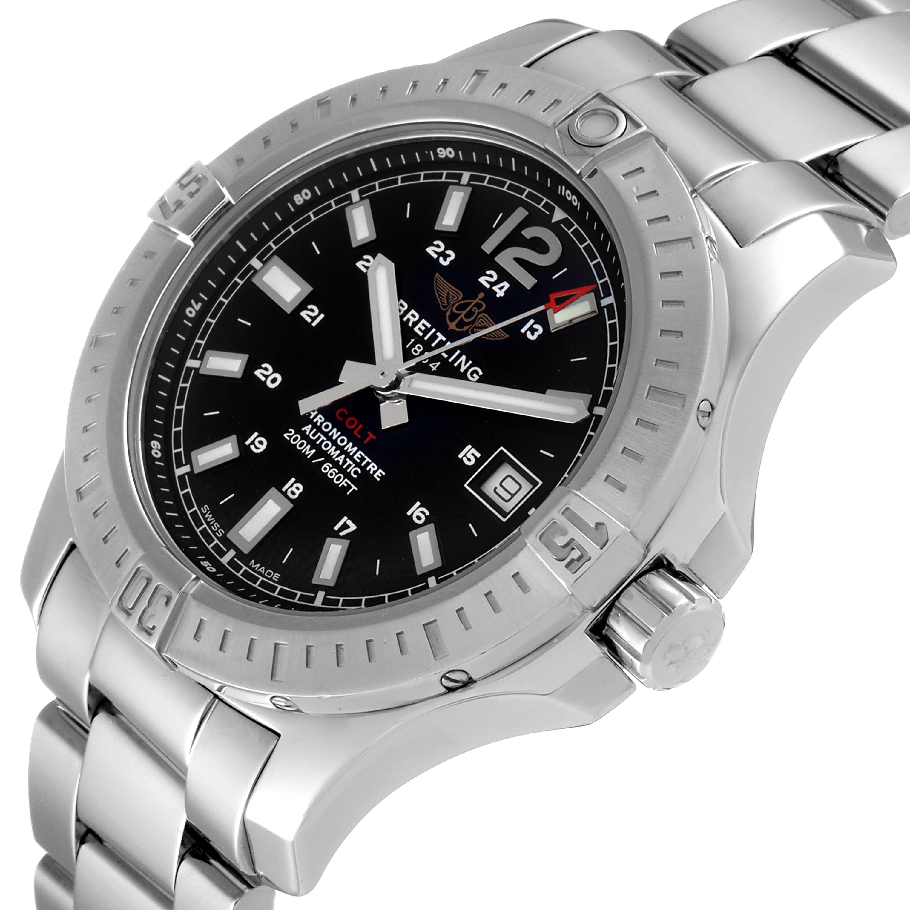 This image shows a close-up, angled view of the Breitling Colt A17313 Men's Stainless Steel Black Dial A17313 Men's Stainless Steel Black Dial watch, highlighting the dial, bezel, crown, and bracelet.