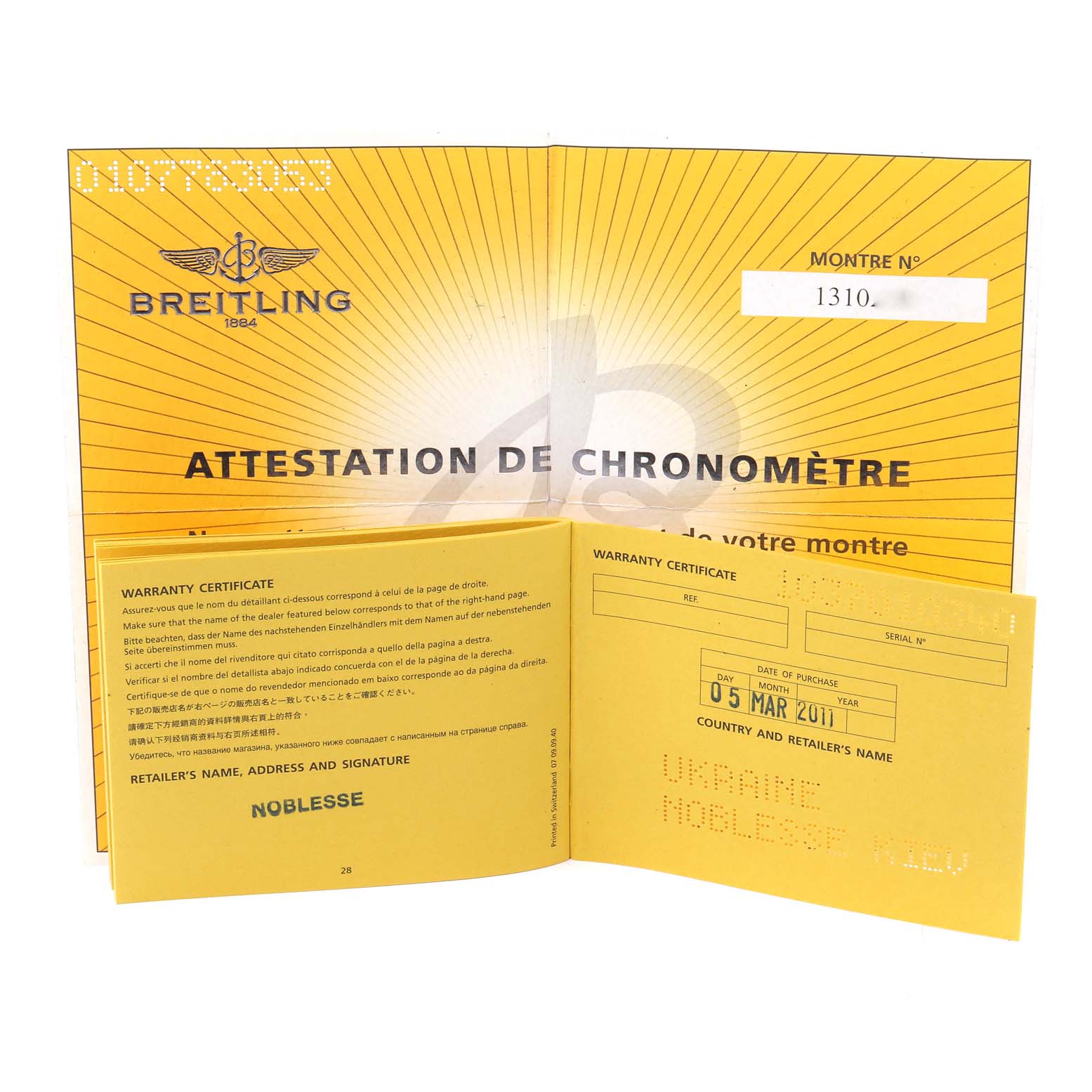 This image shows the warranty certificate and chronometer attestation for a Breitling Colt A32350 Men's Stainless Steel Black Dial A32350 Men's Stainless Steel Black Dial watch.