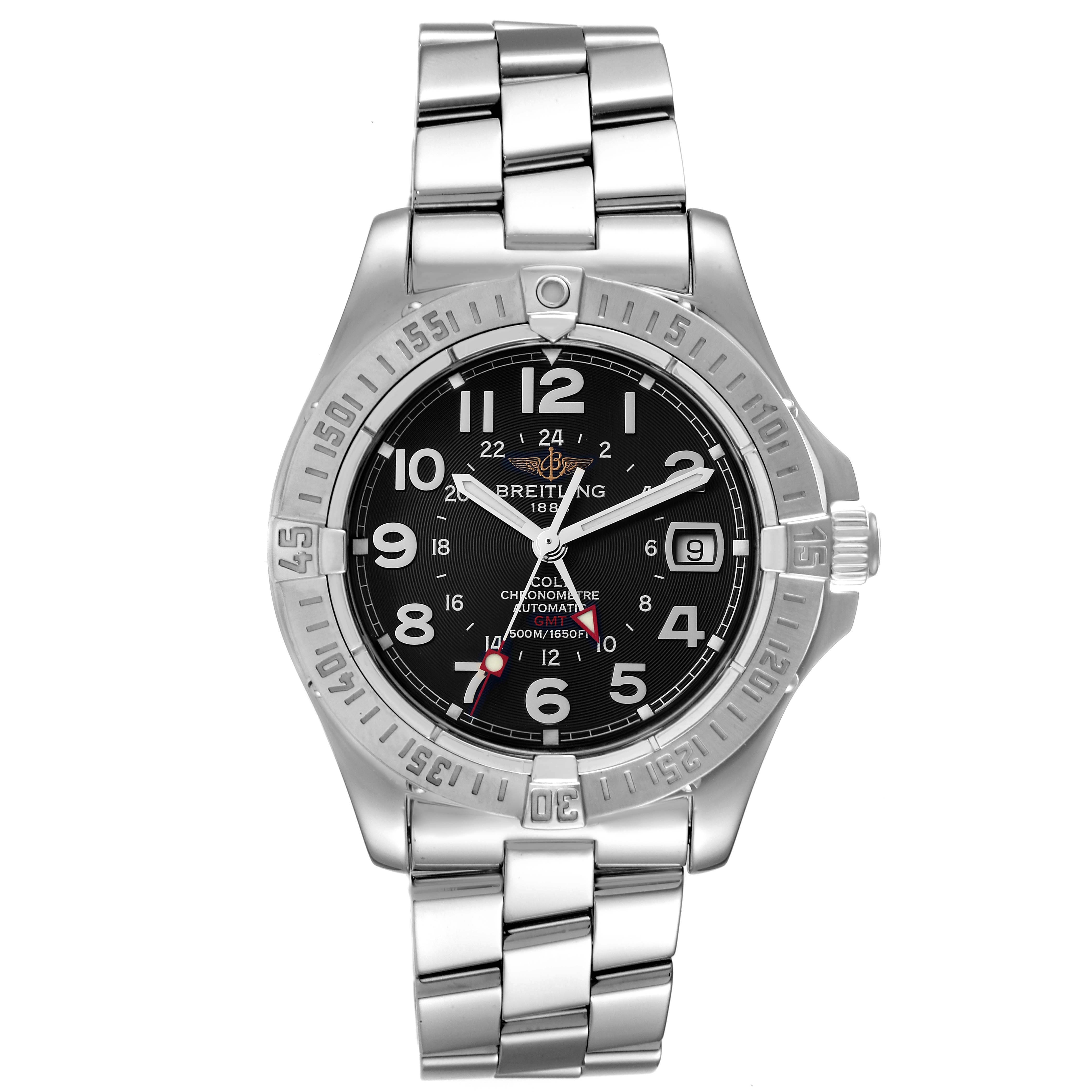 This image shows a front view of the Breitling Colt A32350 Men's Stainless Steel Black Dial A32350 Men's Stainless Steel Black Dial watch, including its steel bracelet, black dial, and bezel.