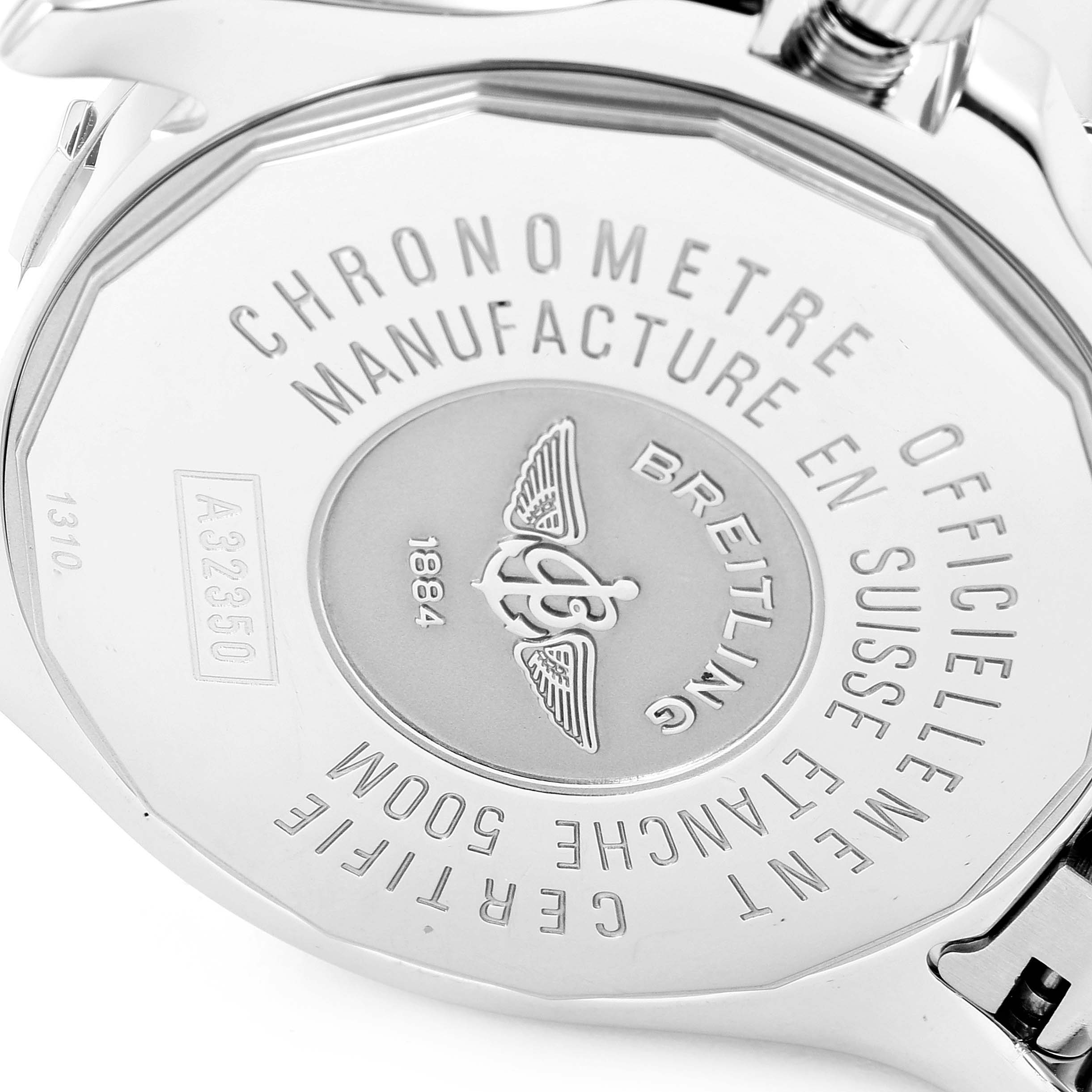 This image shows the backside of a Breitling Colt A32350 Men's Stainless Steel Black Dial A32350 Men's Stainless Steel Black Dial watch, highlighting its engraved details and logos.