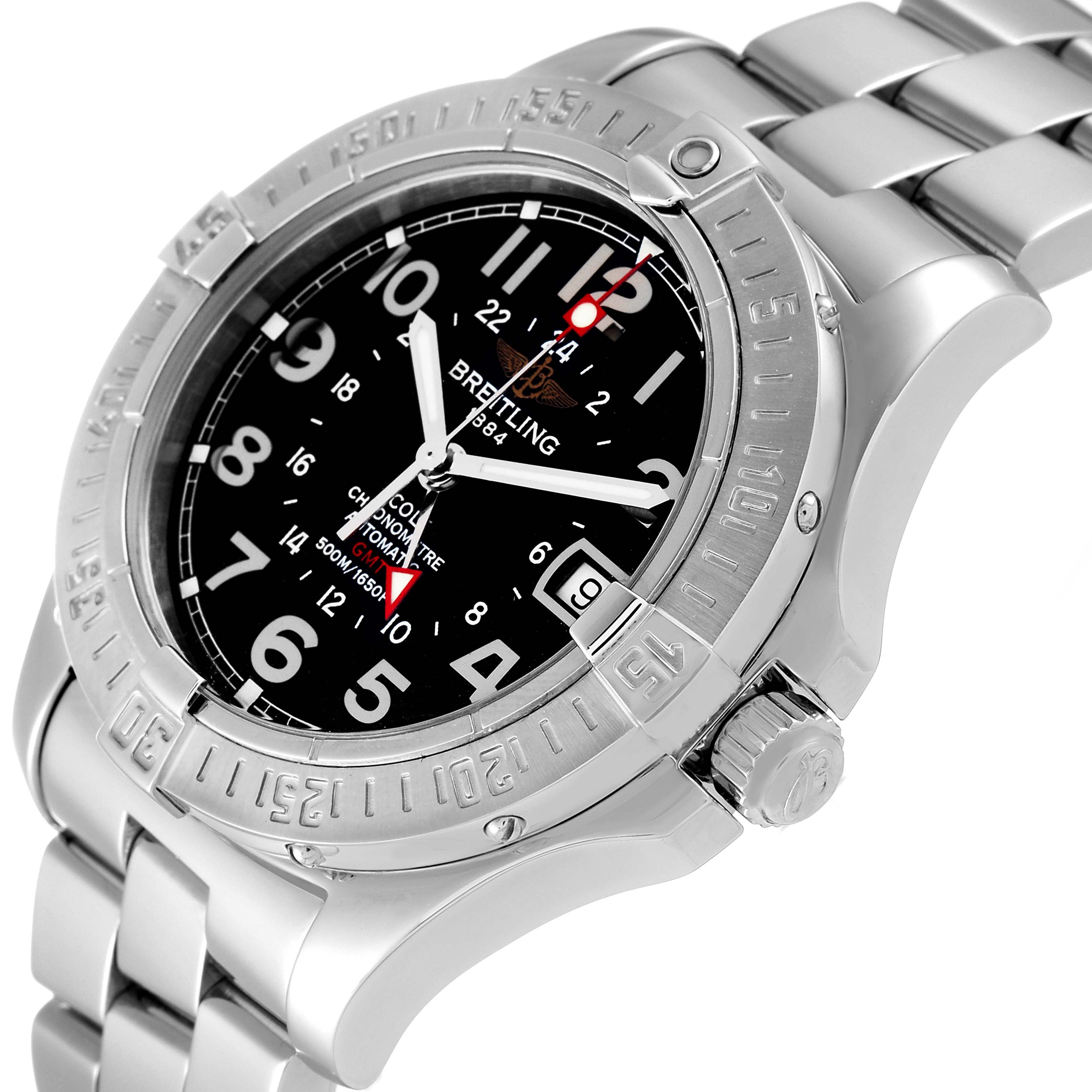 The image shows a close-up side angle of the Breitling Colt A32350 Men's Stainless Steel Black Dial A32350 Men's Stainless Steel Black Dial watch, highlighting its bezel, crown, and part of the bracelet.