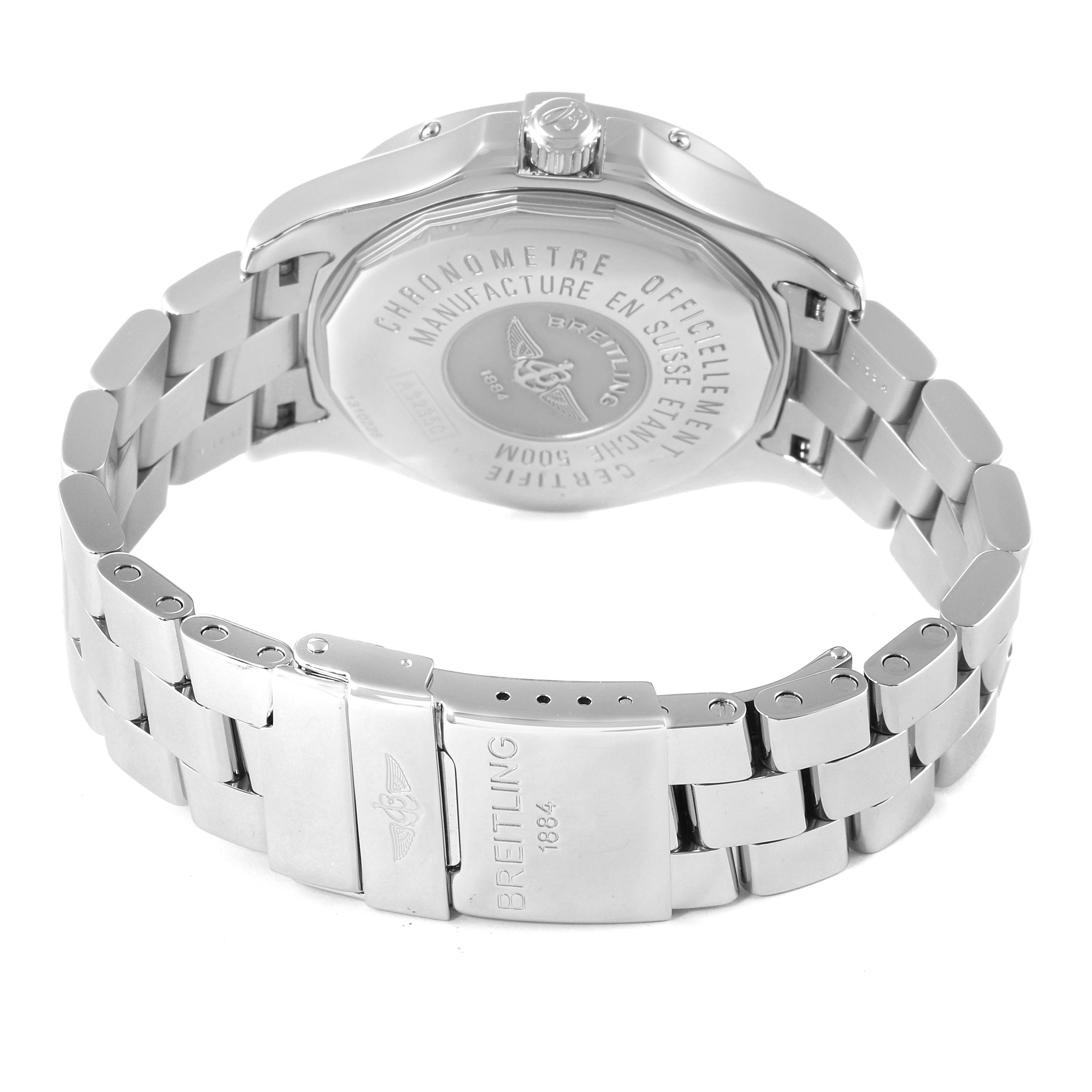 The image shows the back case and bracelet clasp of a Breitling Colt A32350 Men's Stainless Steel Black Dial A32350 Men's Stainless Steel Black Dial watch, with the engraved branding and certification details visible.