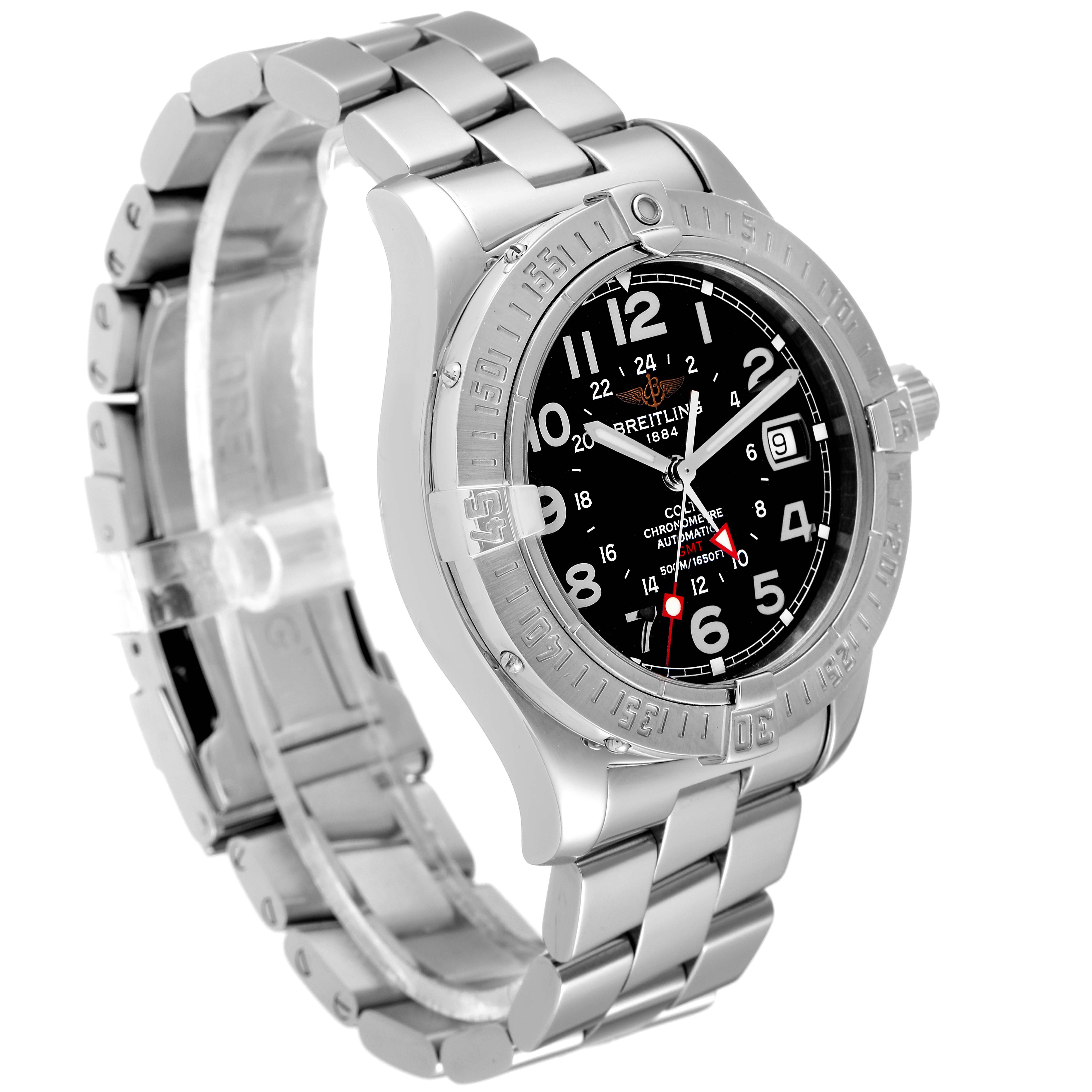 The Breitling Colt A32350 Men's Stainless Steel Black Dial A32350 Men's Stainless Steel Black Dial watch is shown from a front left angle, highlighting its dial, bezel, and metal bracelet.