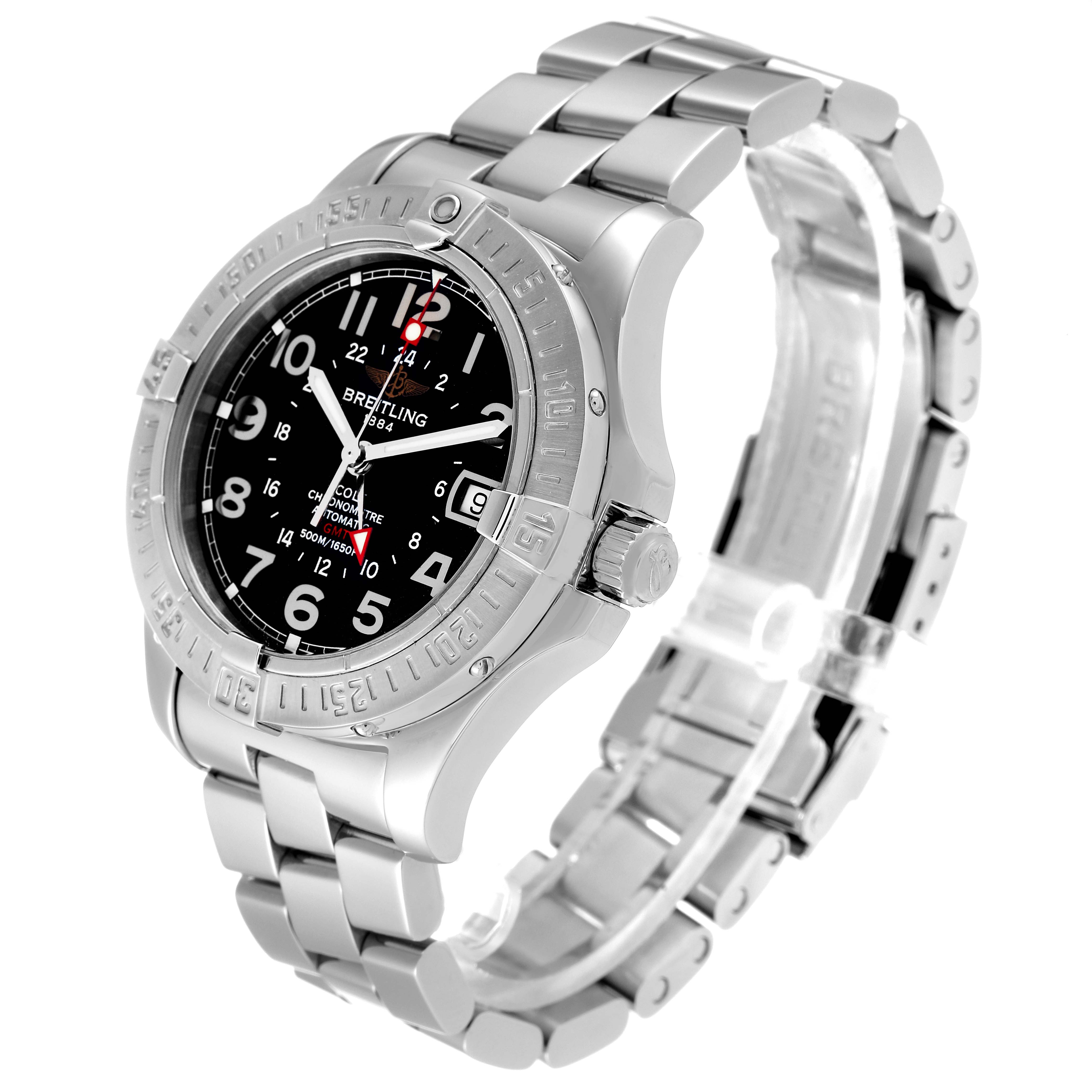 This image shows a side and front angle of the Breitling Colt A32350 Men's Stainless Steel Black Dial A32350 Men's Stainless Steel Black Dial watch, highlighting its face, bezel, crown, and bracelet.