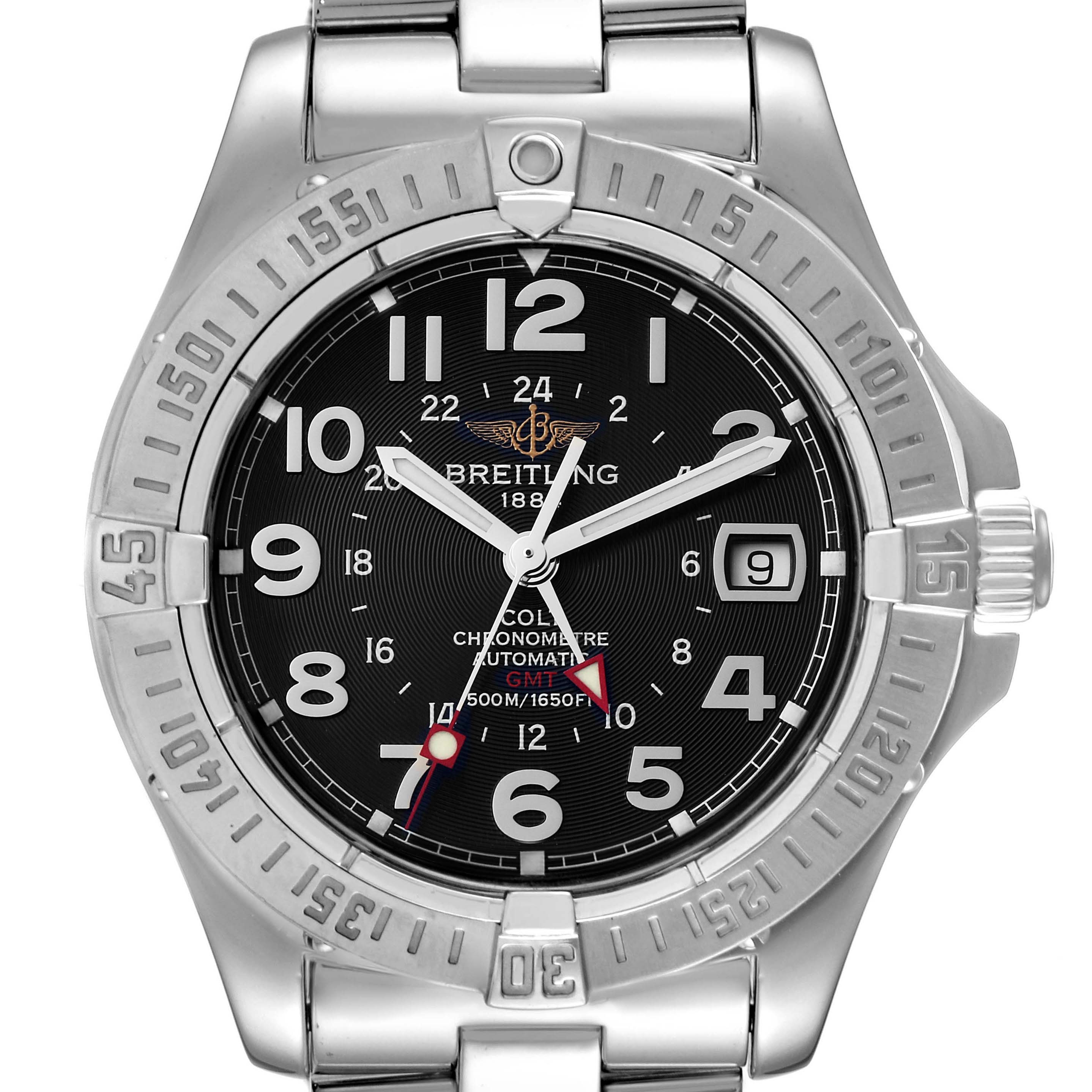 The image shows a front view of the Breitling Colt A32350 Men's Stainless Steel Black Dial A32350 Men's Stainless Steel Black Dial model watch, highlighting its dial, bezel, and bracelet.
