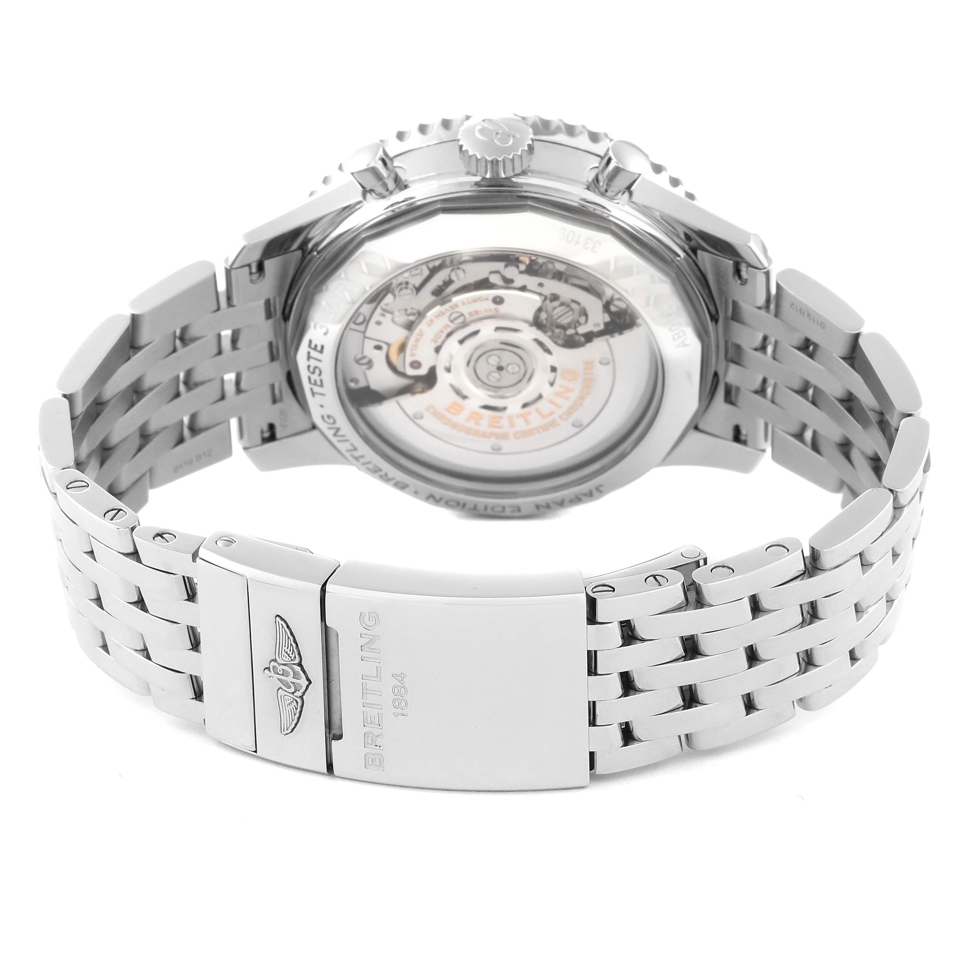 This image shows the back view of a Breitling Navitimer AB0121211B1A1 Men
s Stainless Steel Black Dial AB0121211B1A1 Men
s Stainless Steel Black Dial watch, highlighting its stainless steel bracelet and transparent case back.