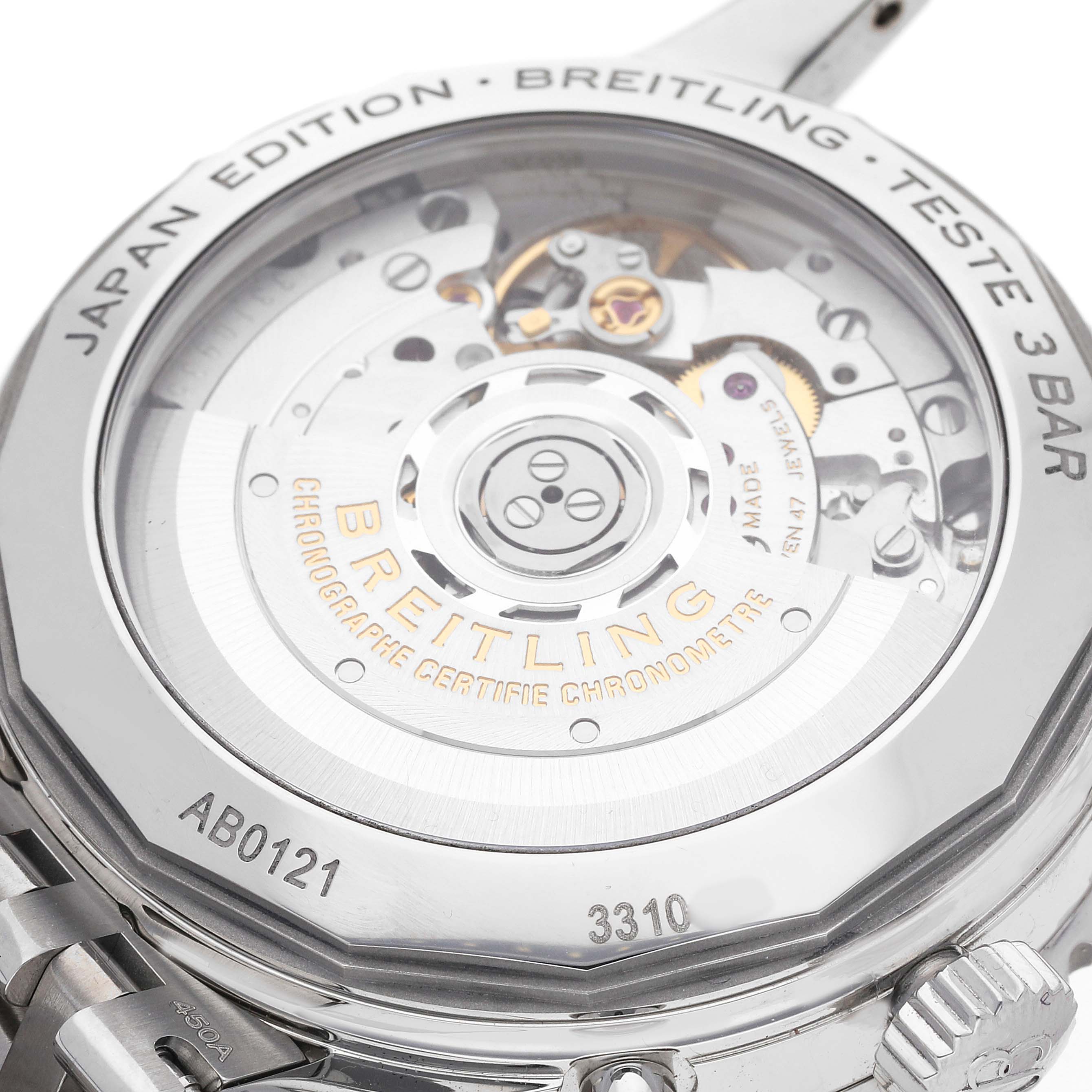 This image shows the back view of a Breitling Navitimer AB0121211B1A1 Men
s Stainless Steel Black Dial AB0121211B1A1 Men
s Stainless Steel Black Dial watch, revealing the transparent caseback and internal mechanical components.