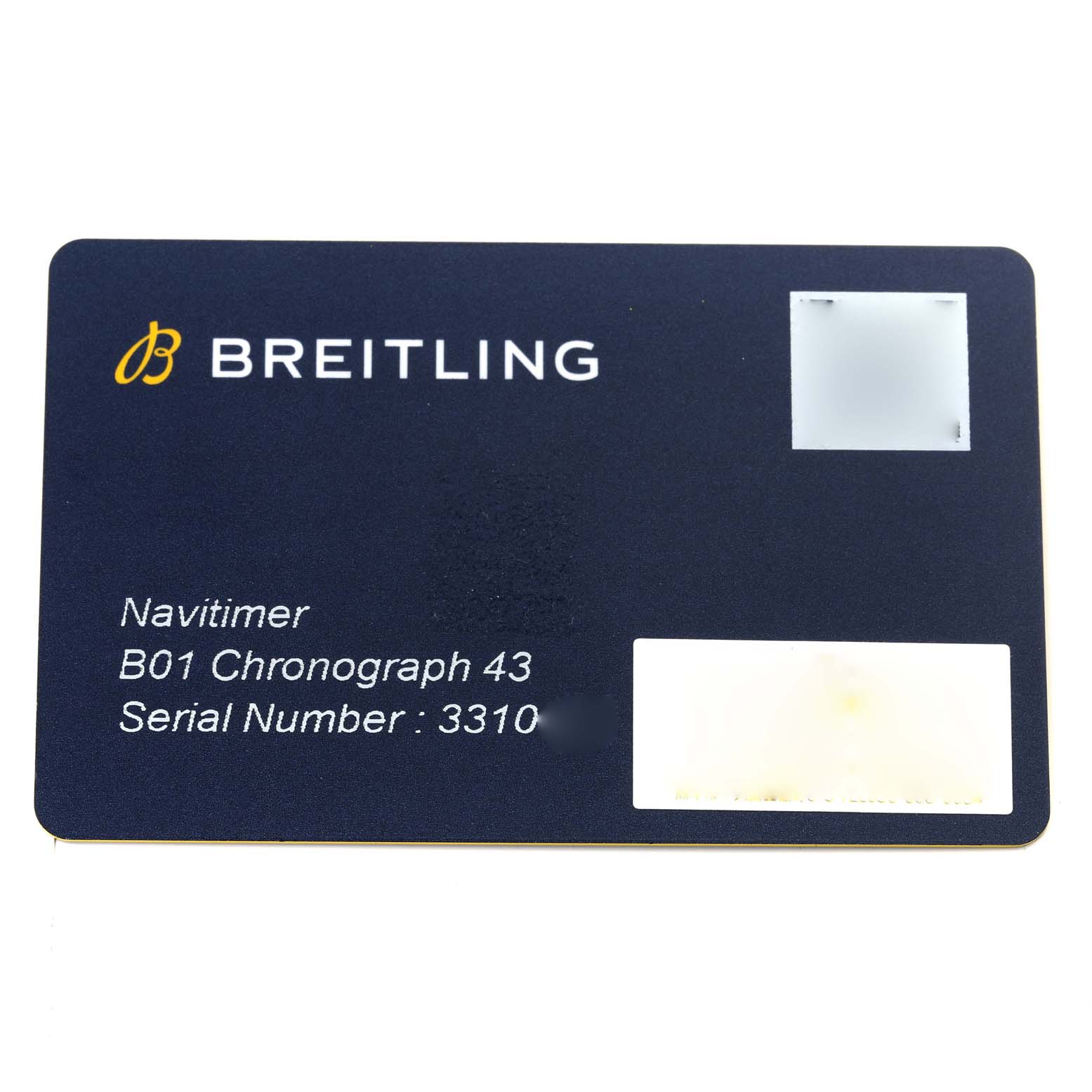 The image shows the warranty card for a Breitling Navitimer AB0121211B1A1 Men
s Stainless Steel Black Dial AB0121211B1A1 Men
s Stainless Steel Black Dial B01 Chronograph 43.