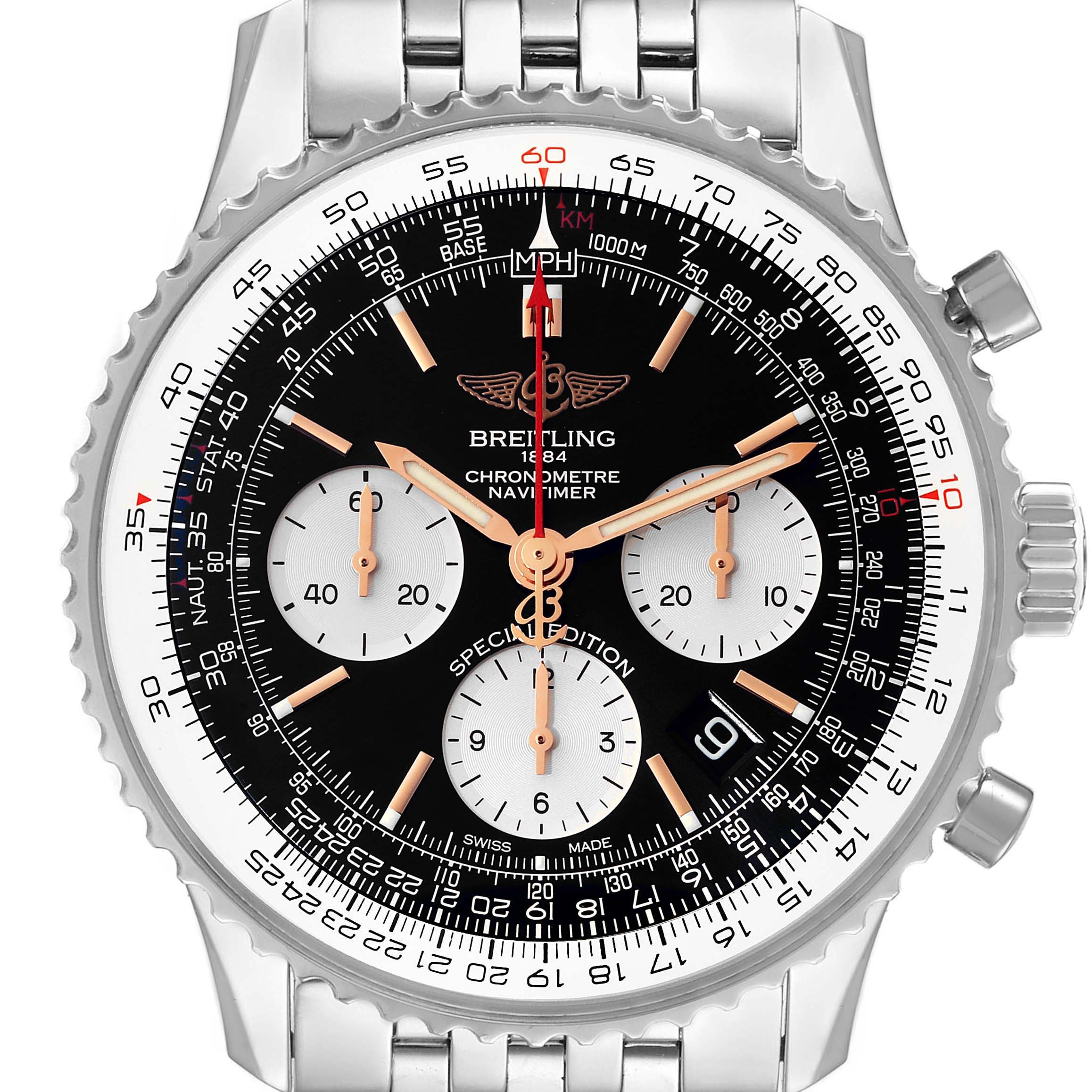 The image shows a close-up, front view of the Breitling Navitimer AB0121211B1A1 Men
s Stainless Steel Black Dial AB0121211B1A1 Men
s Stainless Steel Black Dial watch, displaying the dial, chronograph subdials, and part of the metal bracelet.
