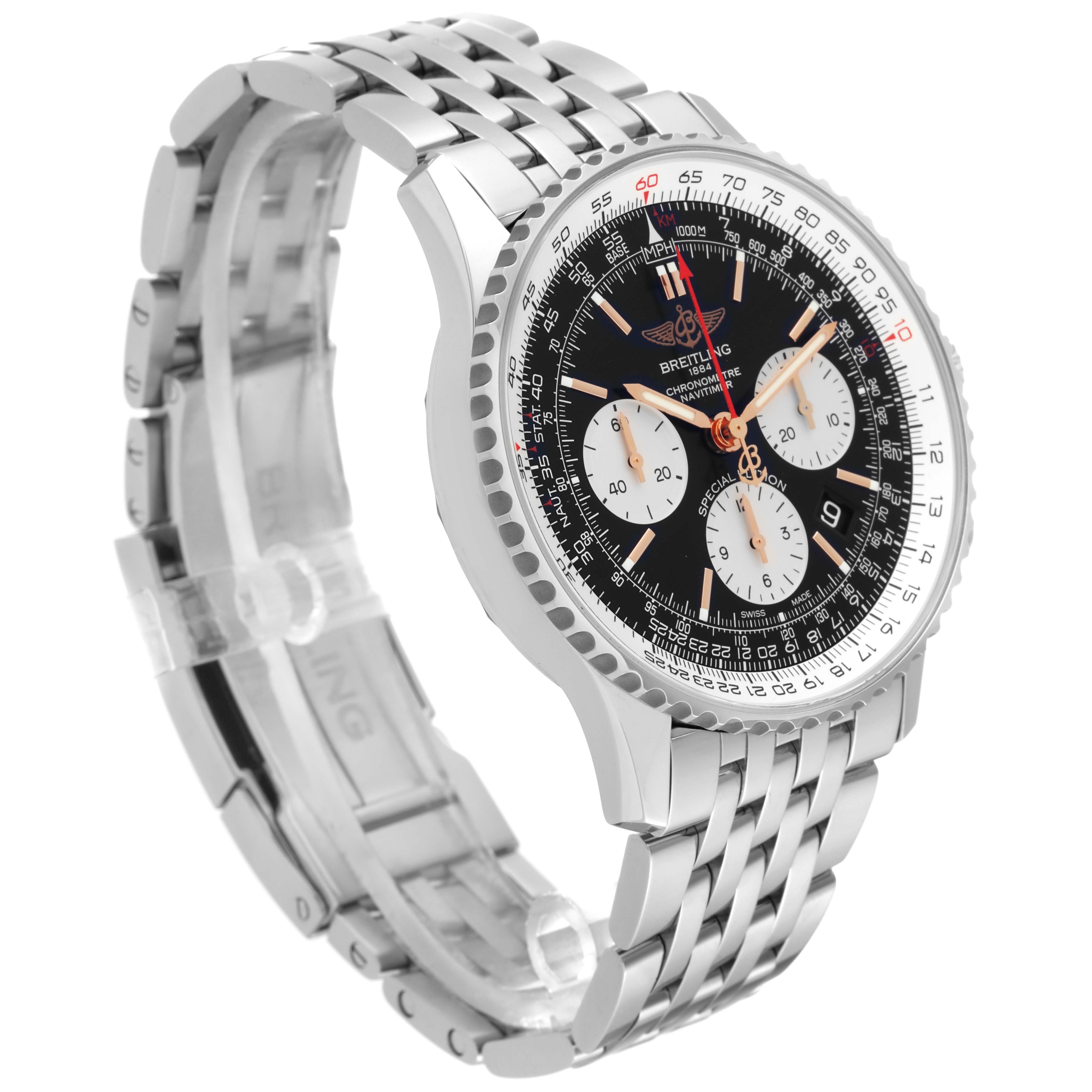 The Breitling Navitimer AB0121211B1A1 Men
s Stainless Steel Black Dial AB0121211B1A1 Men
s Stainless Steel Black Dial watch is shown at an angled side view, displaying the face, bezel, and partly open metal bracelet.