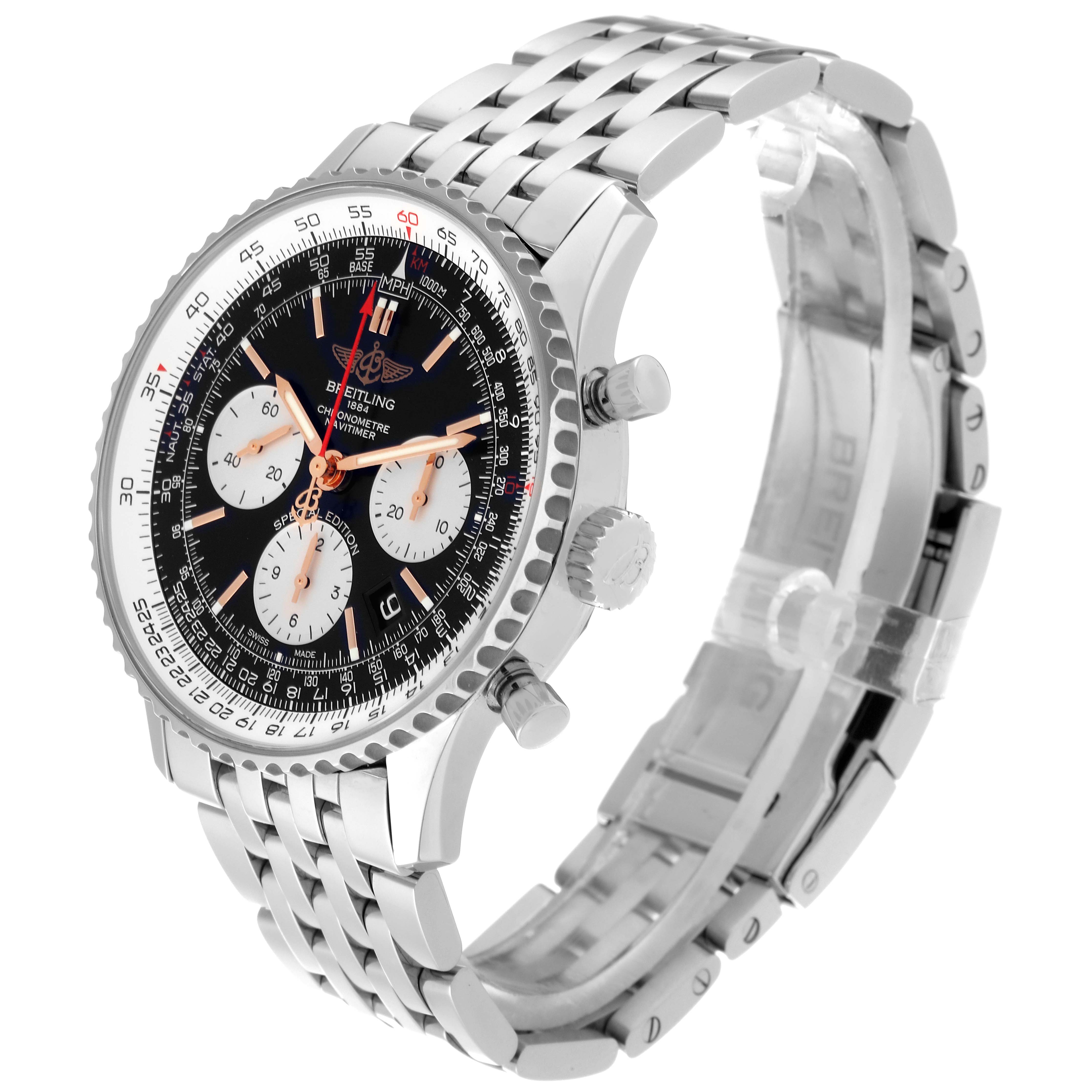 This image shows a full view of the Breitling Navitimer AB0121211B1A1 Men
s Stainless Steel Black Dial AB0121211B1A1 Men
s Stainless Steel Black Dial watch from an angled perspective, displaying its face, crown, pushers, and bracelet.