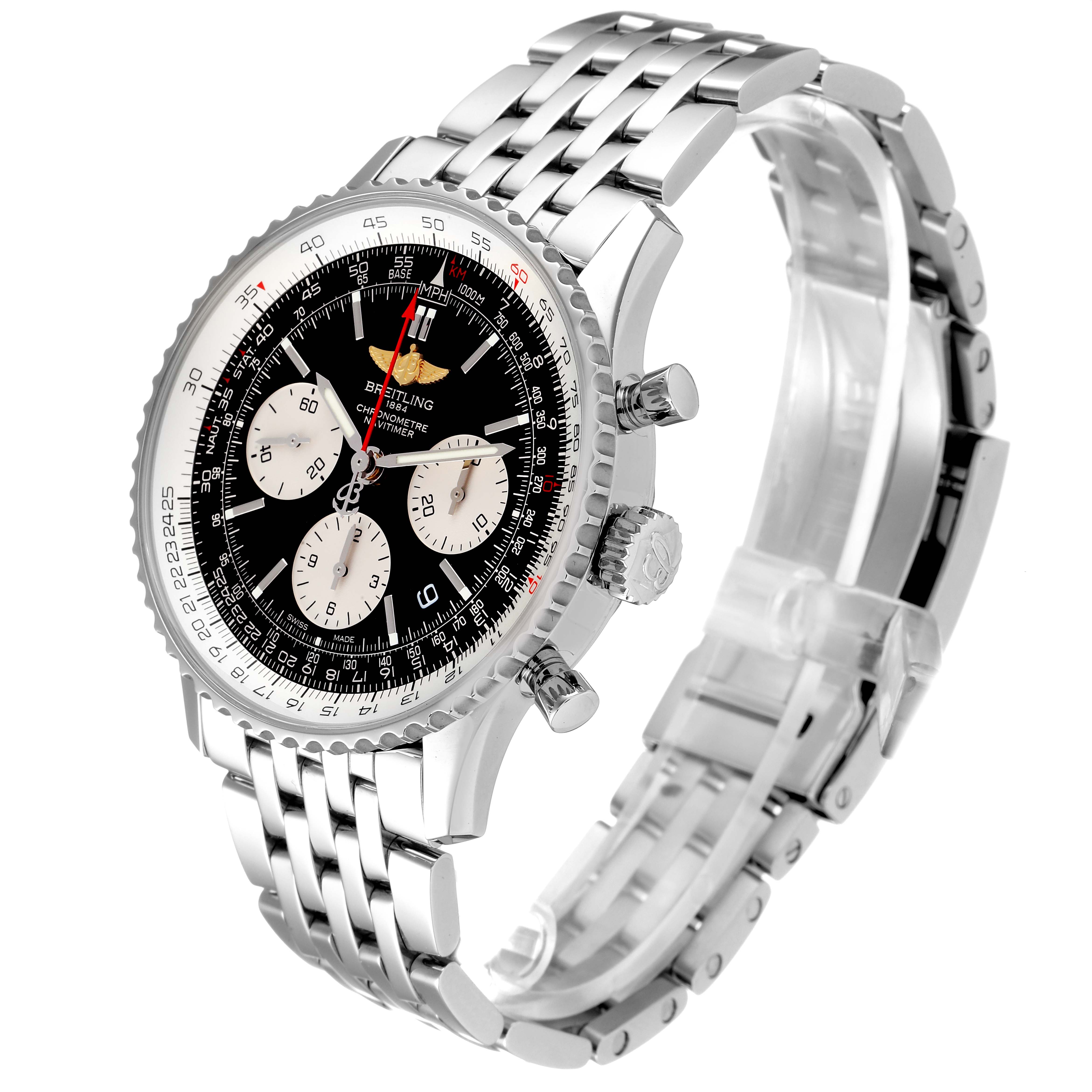 The image shows a Breitling Navitimer AB0121 Men
s Stainless Steel Black Dial AB0121 Men
s Stainless Steel Black Dial watch at a three-quarter angle, highlighting the face, bezel, and stainless steel bracelet.
