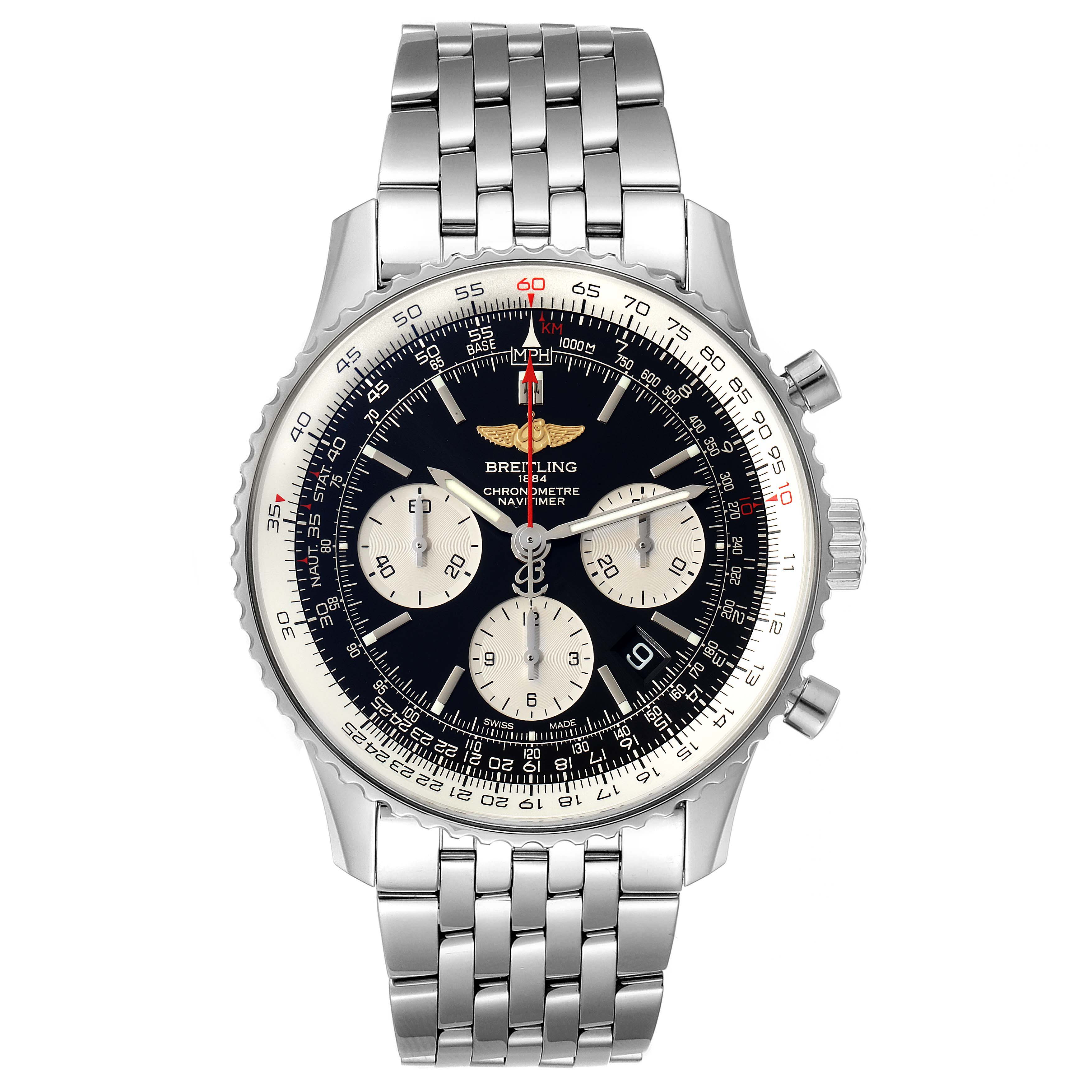 The Breitling Navitimer AB0121 Men
s Stainless Steel Black Dial AB0121 Men
s Stainless Steel Black Dial watch is shown from the front, highlighting its dial, chronograph sub-dials, and metallic strap.
