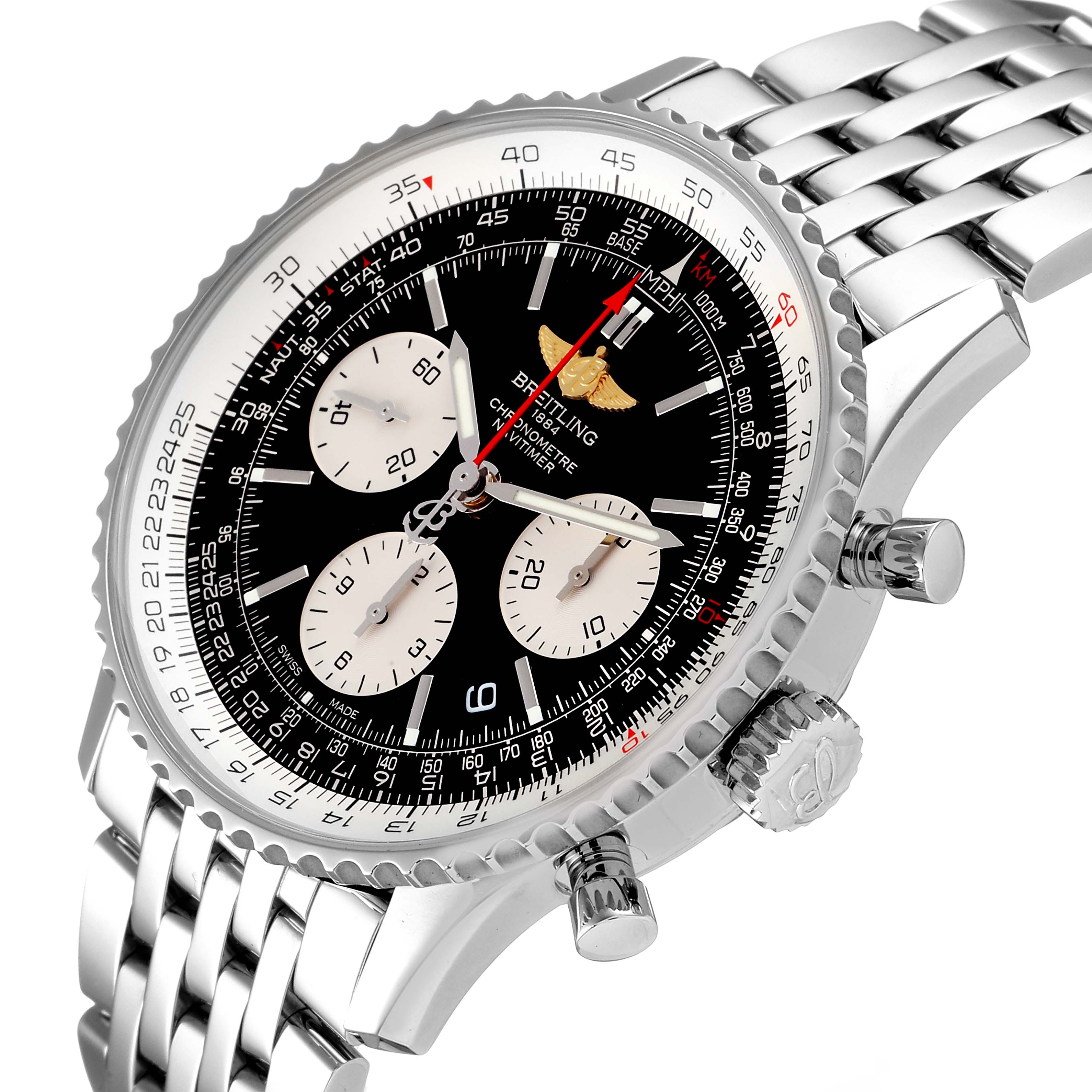The image shows a close-up of the dial and part of the bracelet of a Breitling Navitimer AB0121 Men
s Stainless Steel Black Dial AB0121 Men
s Stainless Steel Black Dial watch, highlighting the chronograph subdials and bezel.